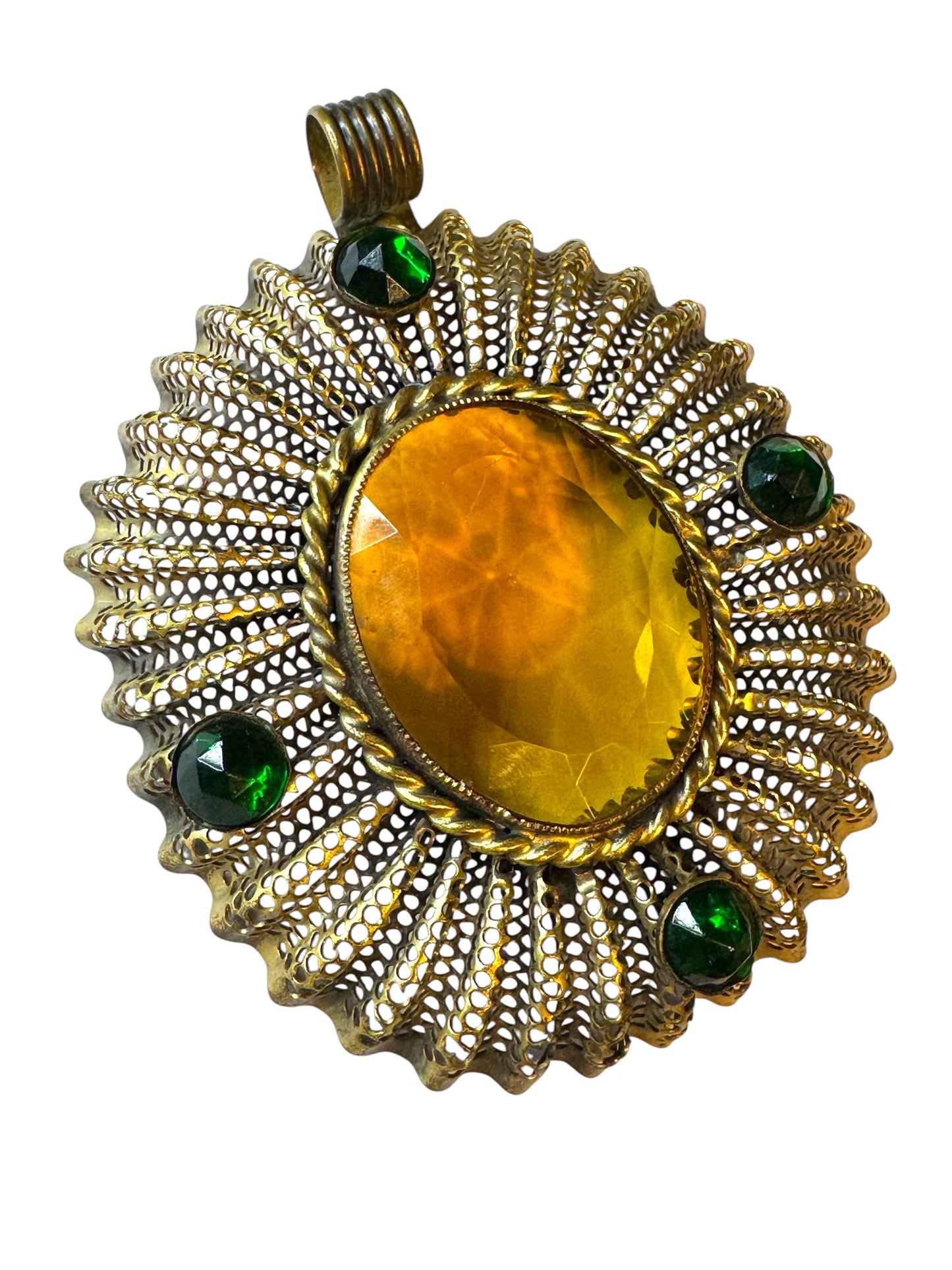 Vintage Dean Meltzer Statement Pendant – Large Openwork Design with Amber & Emerald Glass Stones