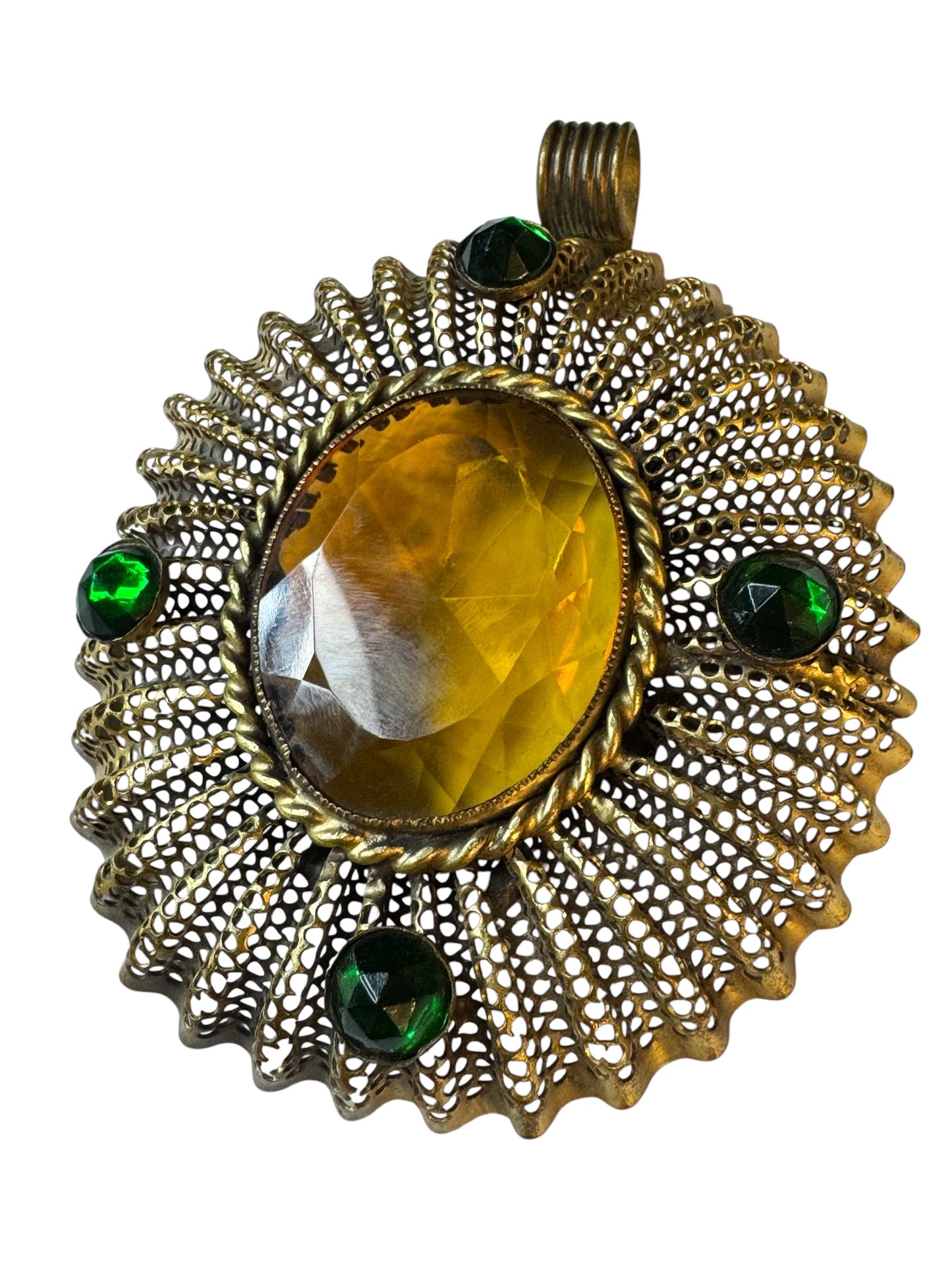 Vintage Dean Meltzer Statement Pendant – Large Openwork Design with Amber & Emerald Glass Stones