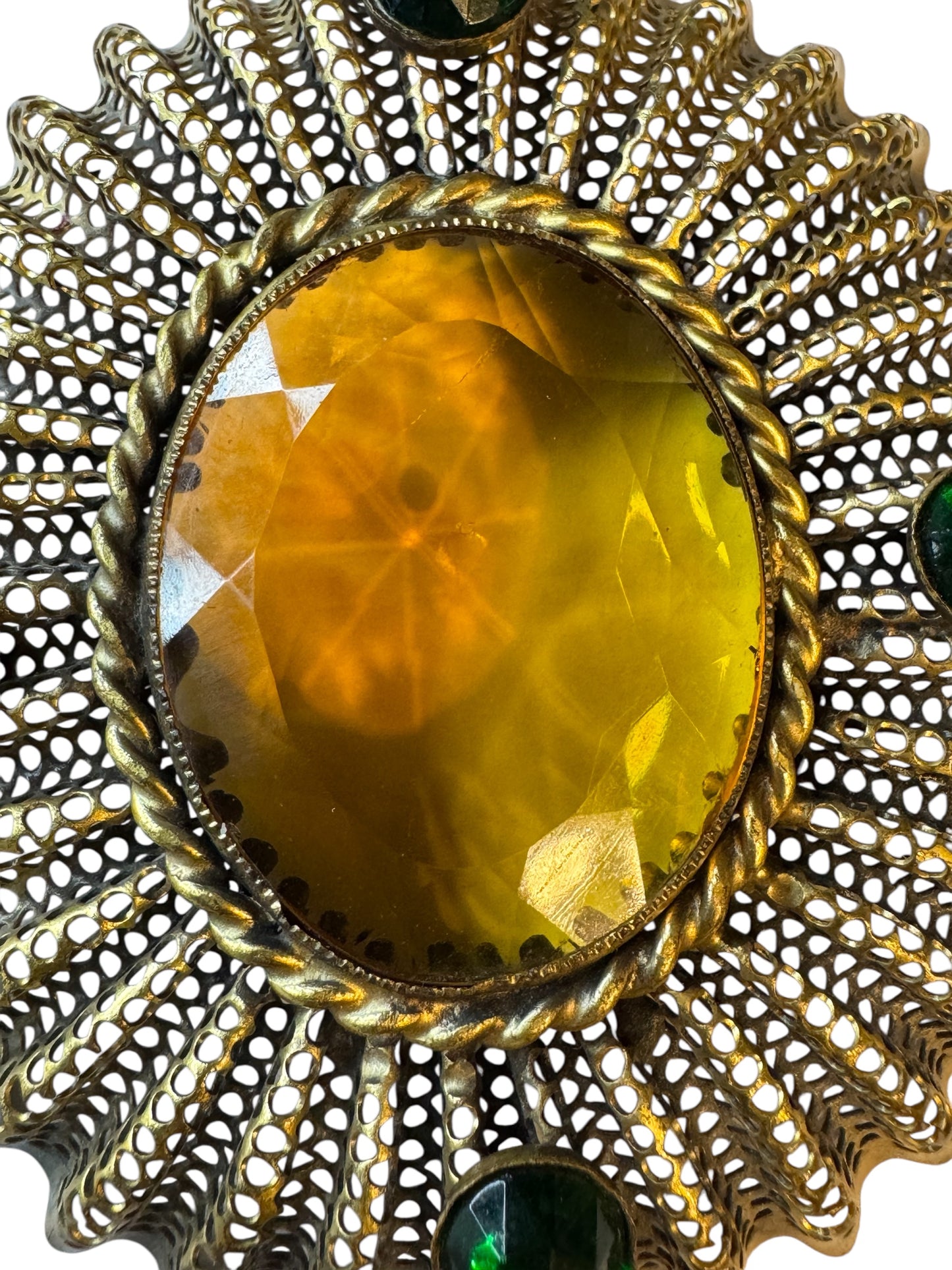 Vintage Dean Meltzer Statement Pendant – Large Openwork Design with Amber & Emerald Glass Stones