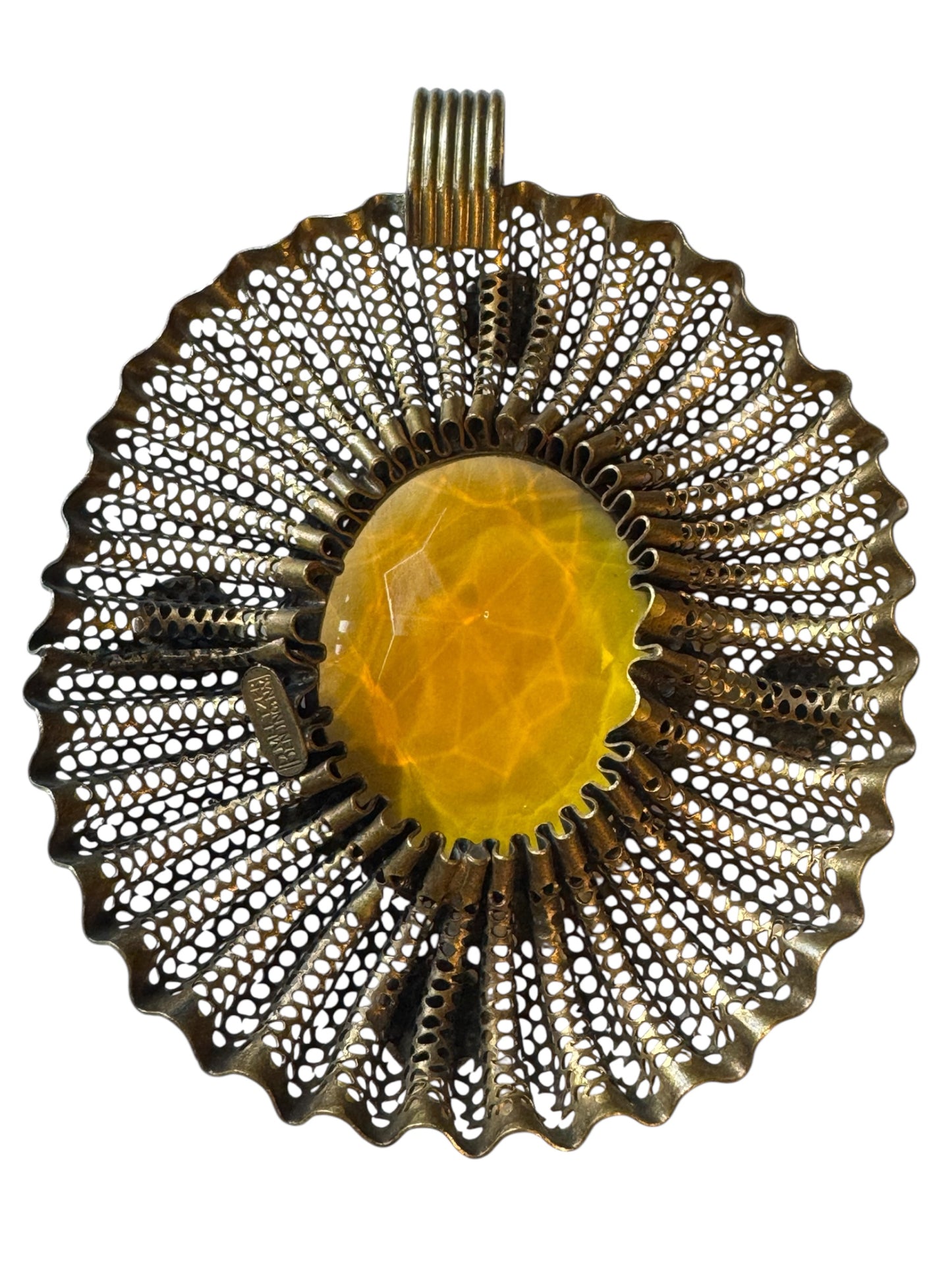 Vintage Dean Meltzer Statement Pendant – Large Openwork Design with Amber & Emerald Glass Stones