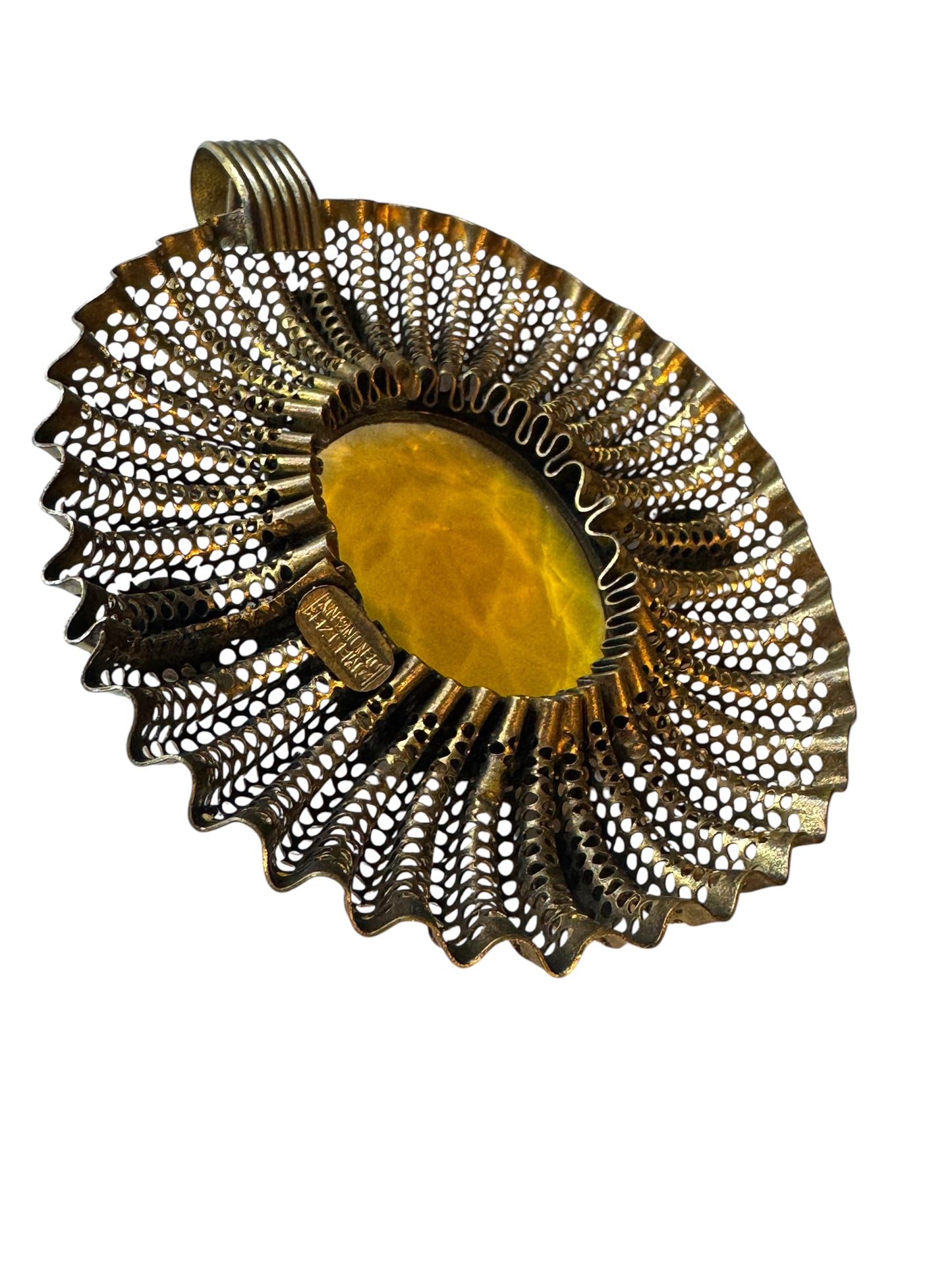 Vintage Dean Meltzer Statement Pendant – Large Openwork Design with Amber & Emerald Glass Stones
