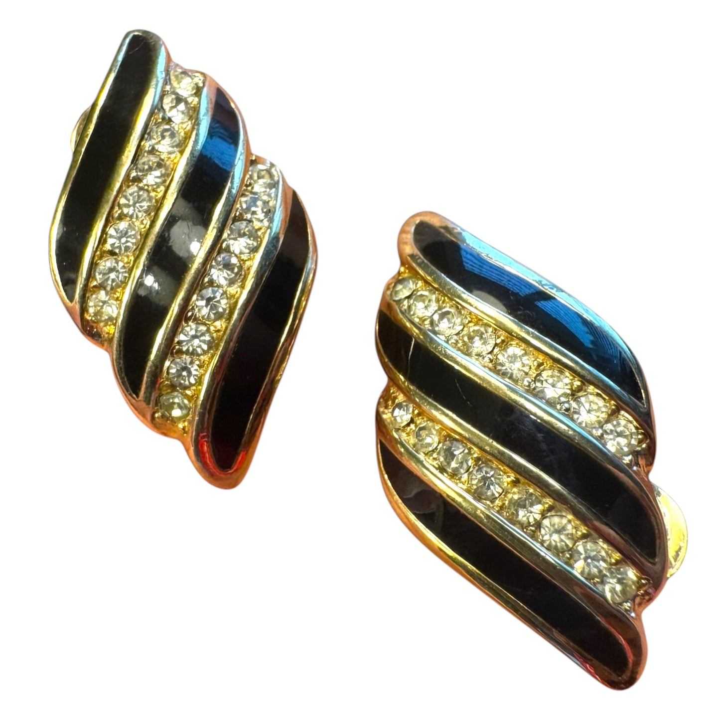 Vintage Christian Dior Couture Black Enamel & Crystal Clip-On Earrings – Signed Gold-Tone Designer Jewelry