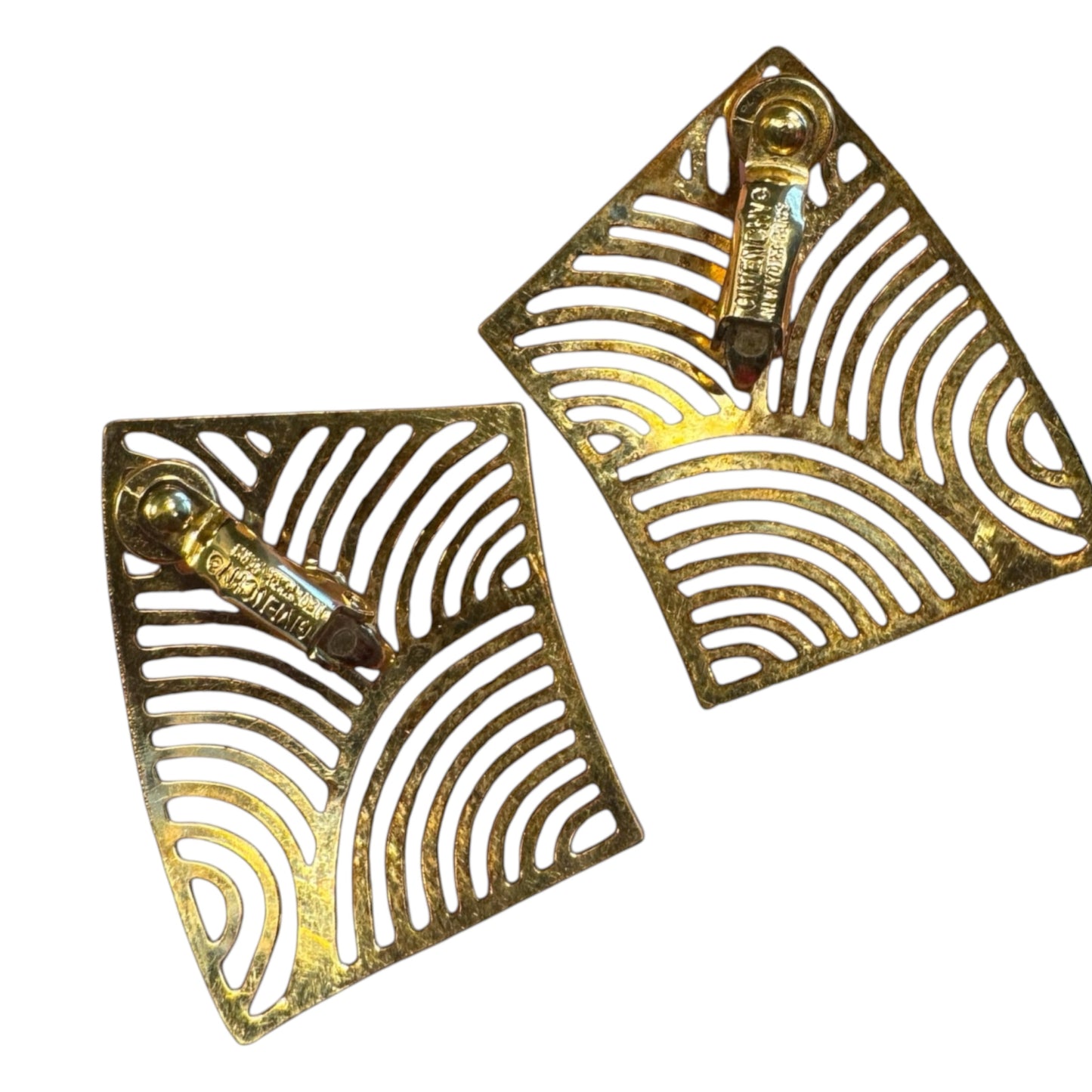 Vintage Givenchy Couture Paris New York Gold Asymmetrical Clip-On Earrings – Signed Sculptural Statement Jewelry
