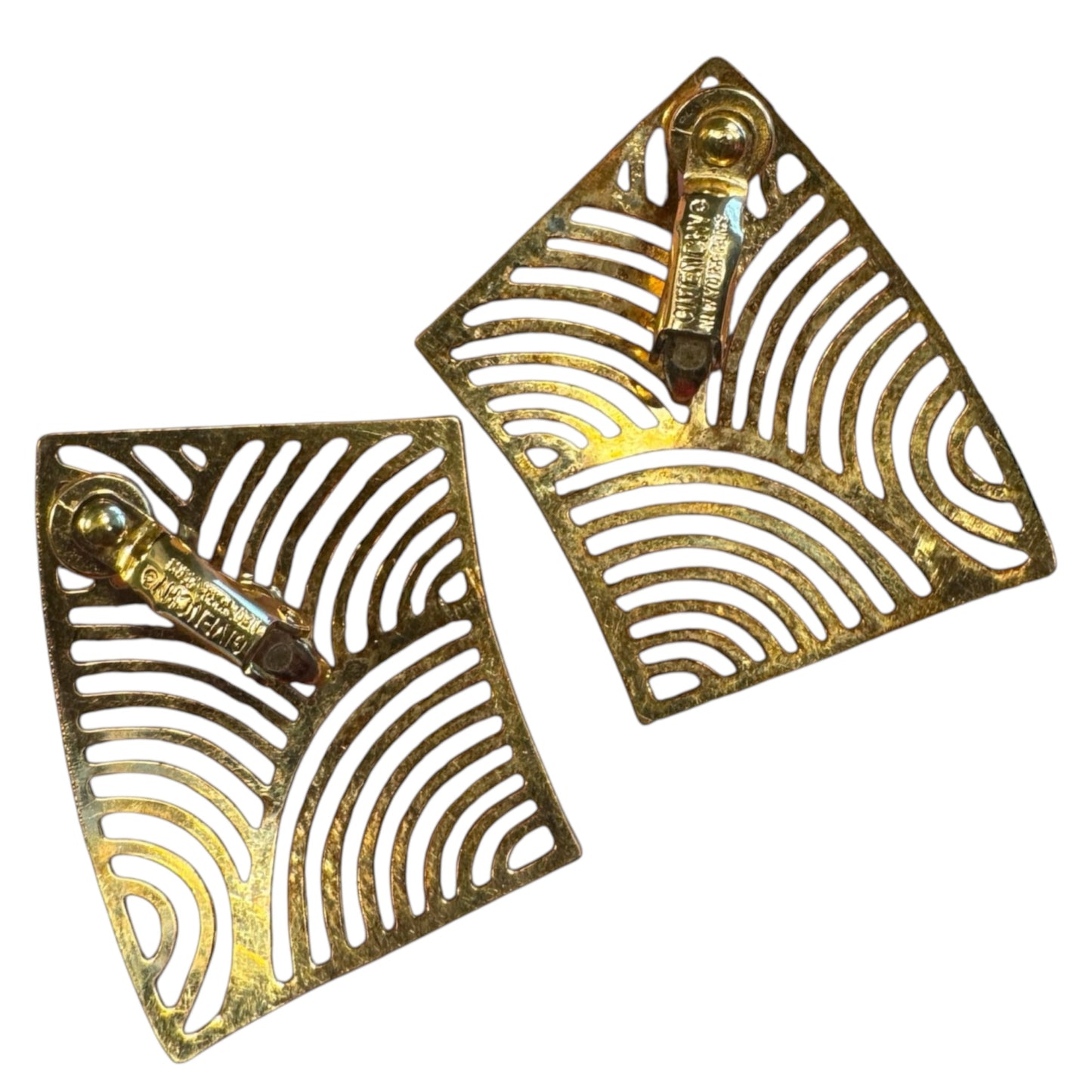 Vintage Givenchy Couture Paris New York Gold Asymmetrical Clip-On Earrings – Signed Sculptural Statement Jewelry