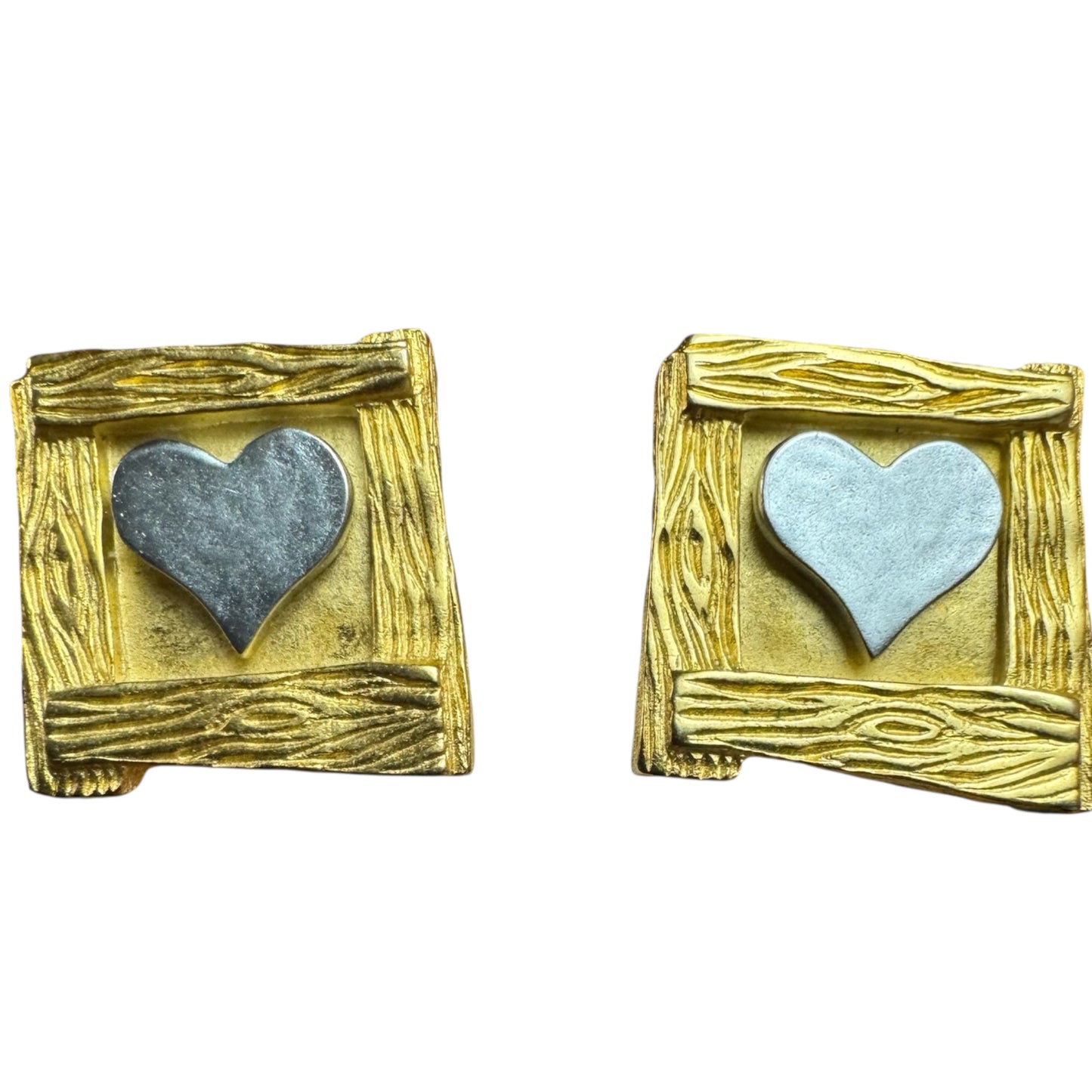 Rare Couture Karl Lagerfeld Vintage Gold Square Clip-On Earrings with Silver Heart – Signed Statement Jewelry
