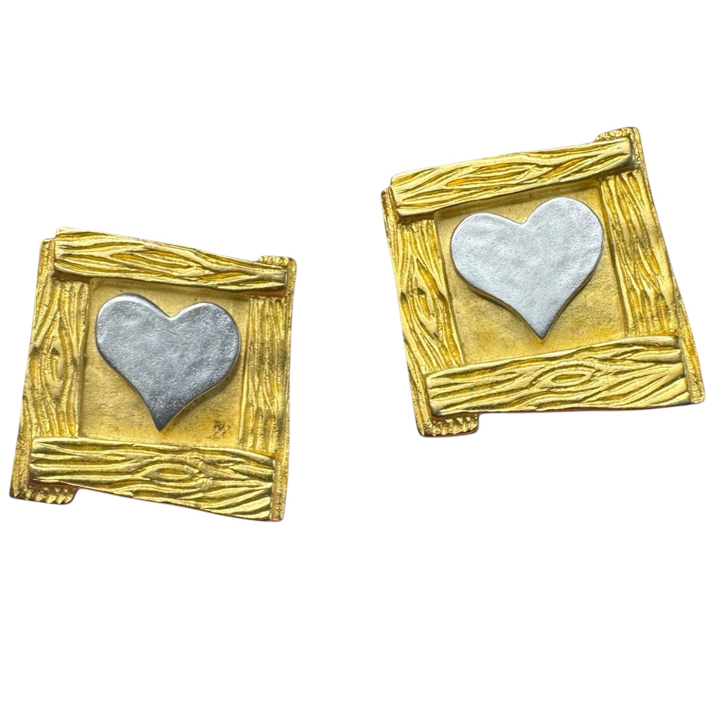 Rare Couture Karl Lagerfeld Vintage Gold Square Clip-On Earrings with Silver Heart – Signed Statement Jewelry