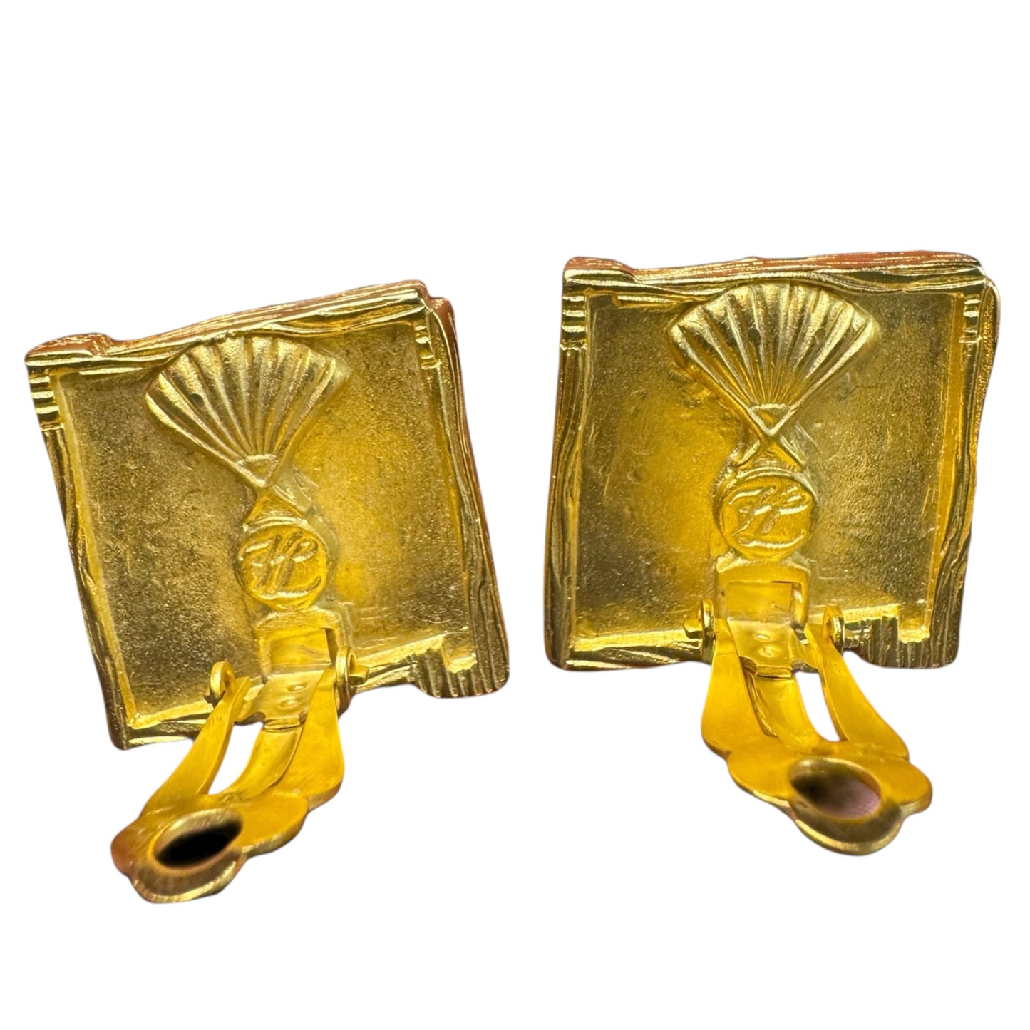 Rare Couture Karl Lagerfeld Vintage Gold Square Clip-On Earrings with Silver Heart – Signed Statement Jewelry