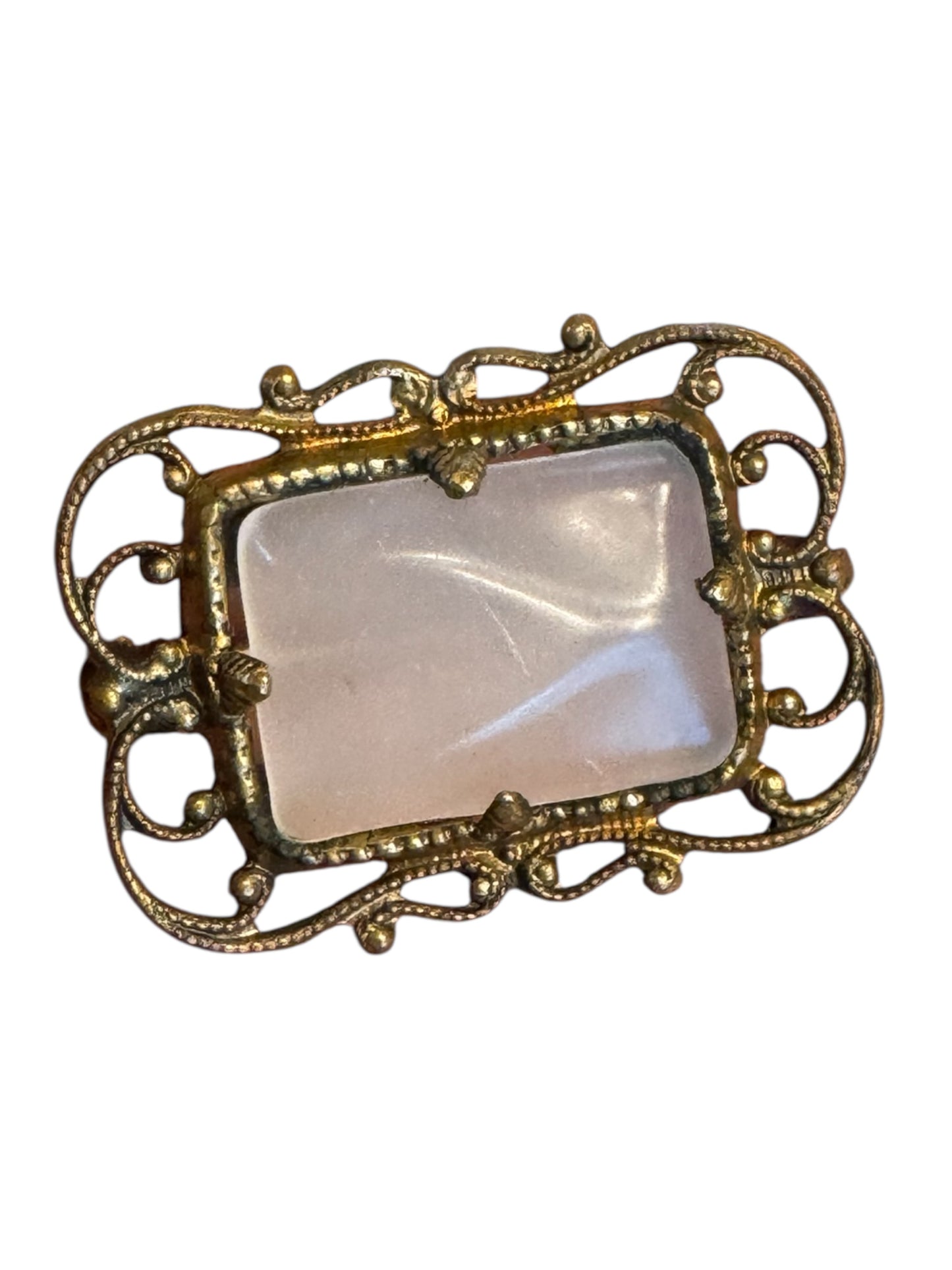 Vintage 1940s Brass Filigree Brooch with Pink Glass Cabochon – Ornate Victorian Revival Pin