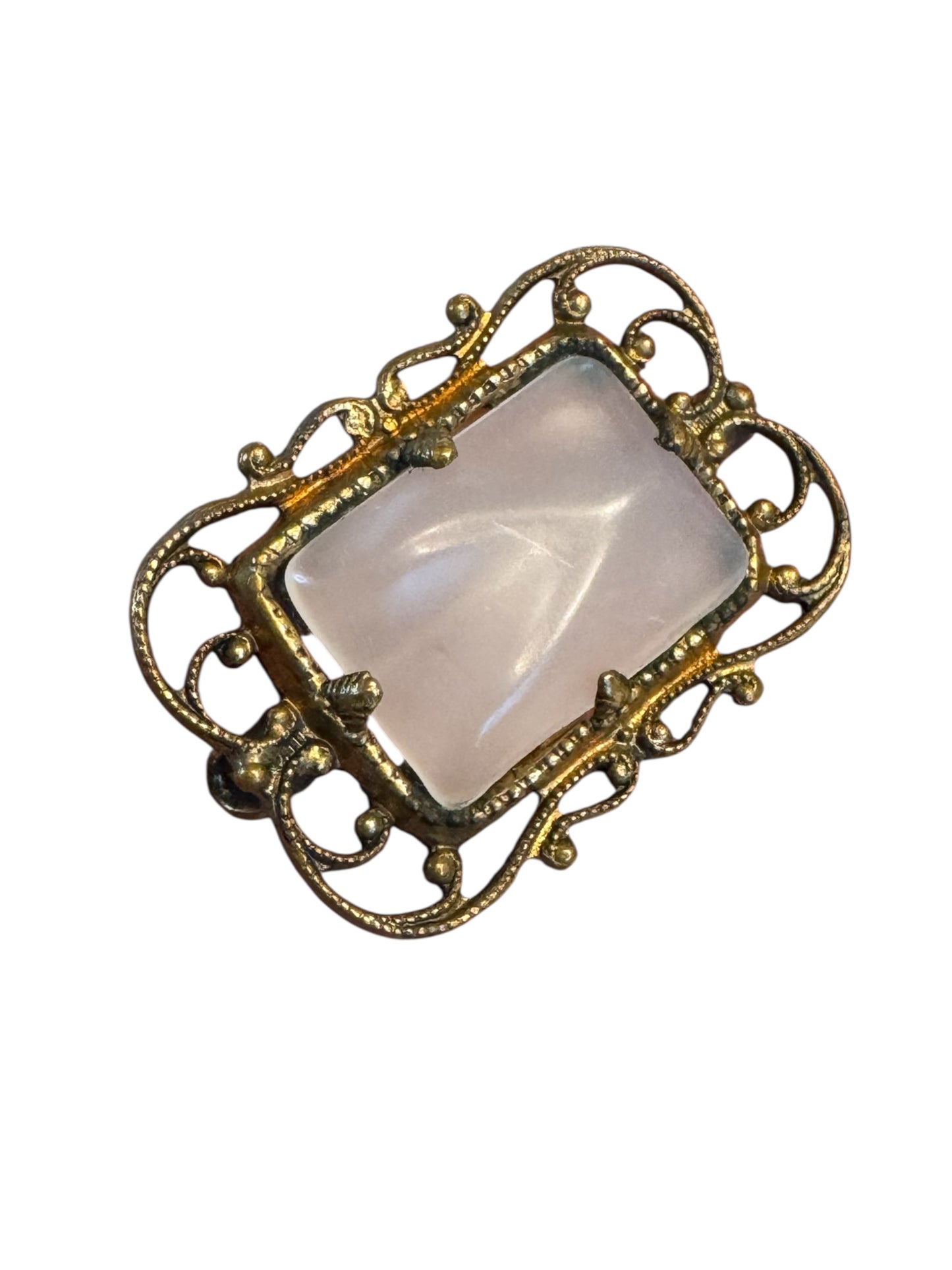 Vintage 1940s Brass Filigree Brooch with Pink Glass Cabochon – Ornate Victorian Revival Pin