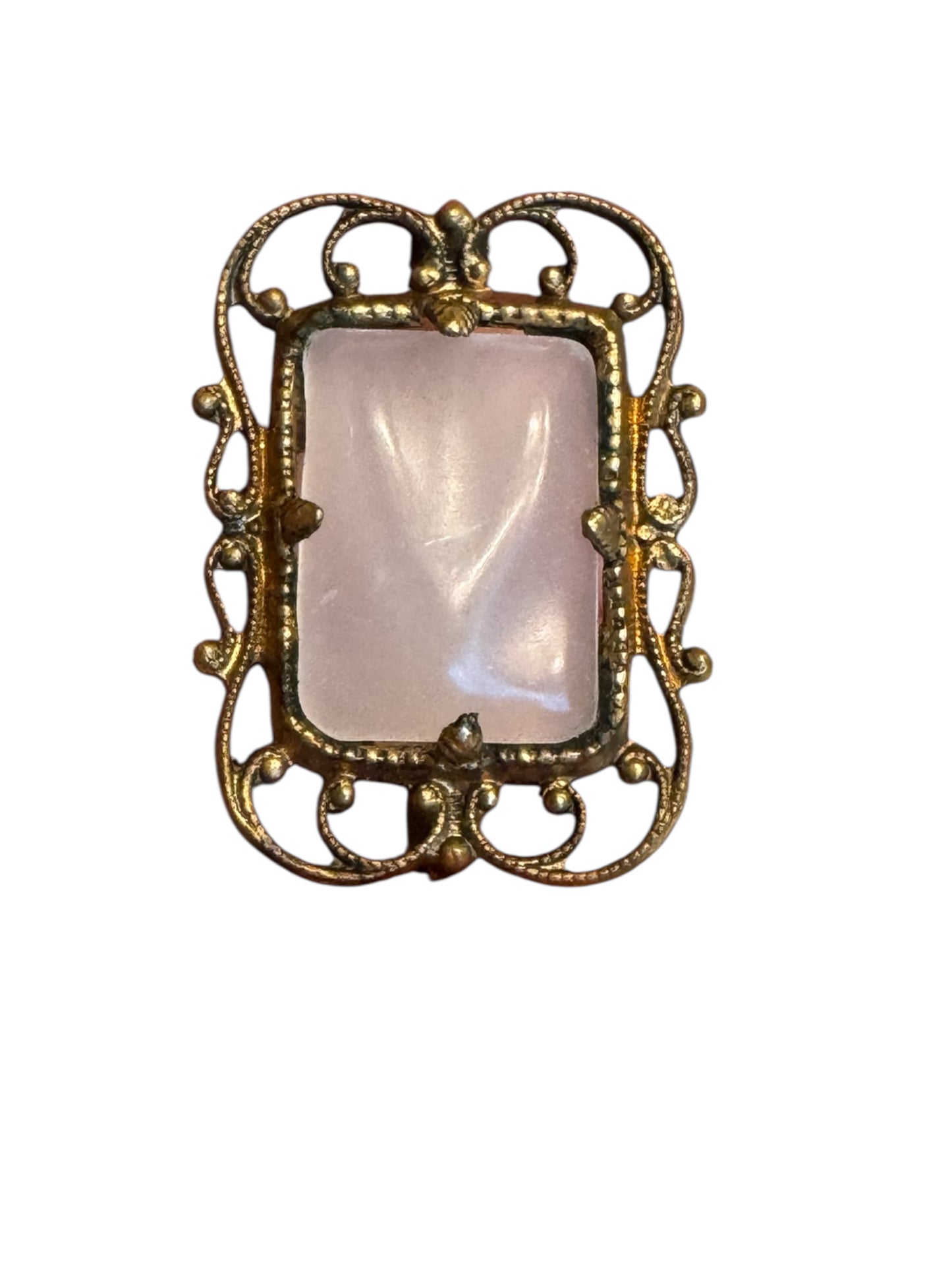 Vintage 1940s Brass Filigree Brooch with Pink Glass Cabochon – Ornate Victorian Revival Pin
