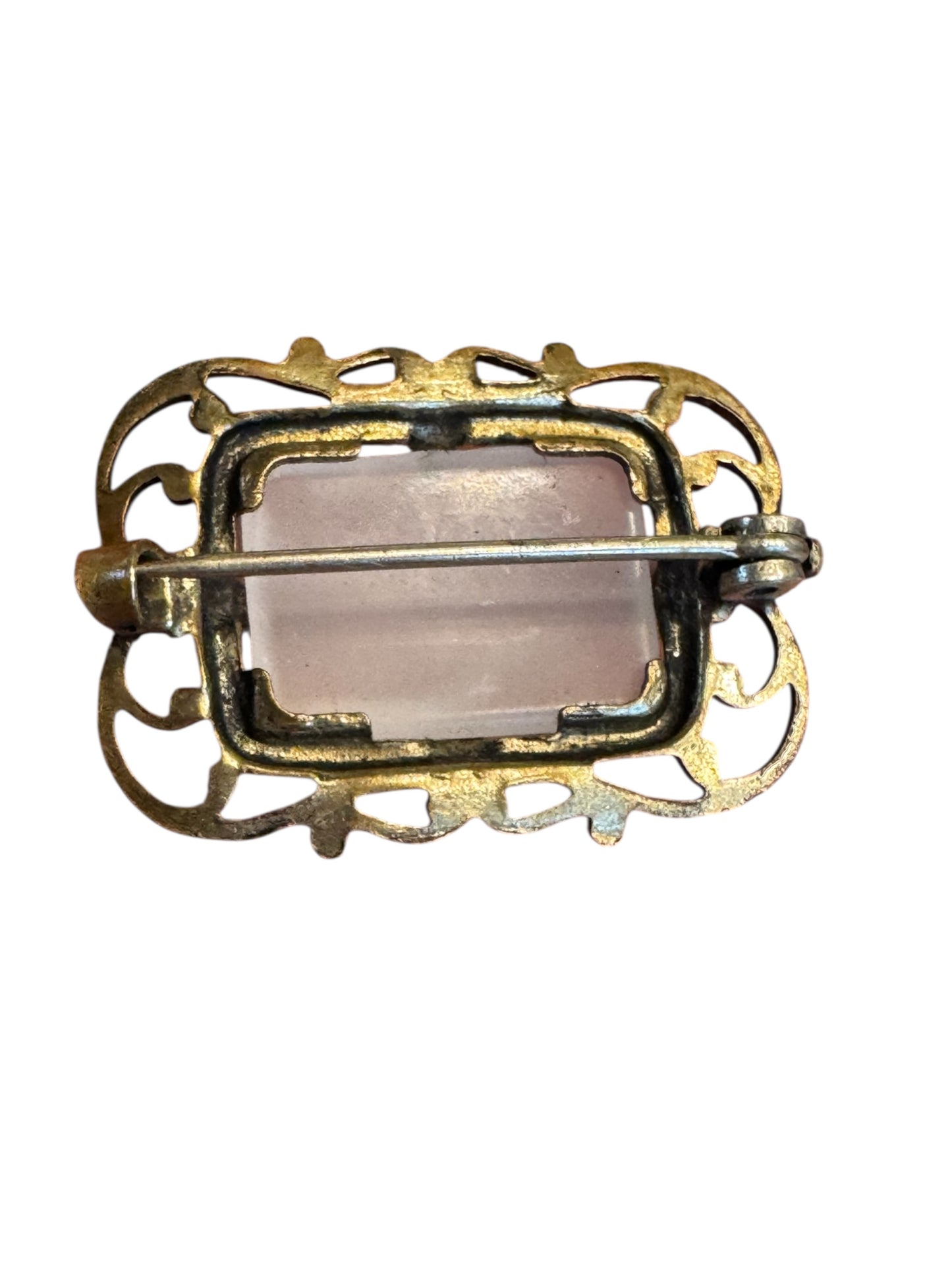 Vintage 1940s Brass Filigree Brooch with Pink Glass Cabochon – Ornate Victorian Revival Pin