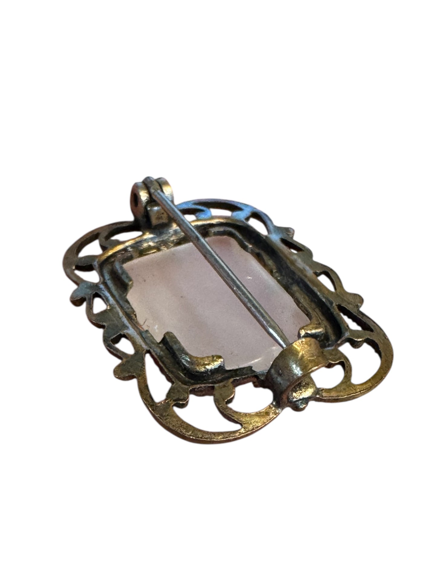 Vintage 1940s Brass Filigree Brooch with Pink Glass Cabochon – Ornate Victorian Revival Pin