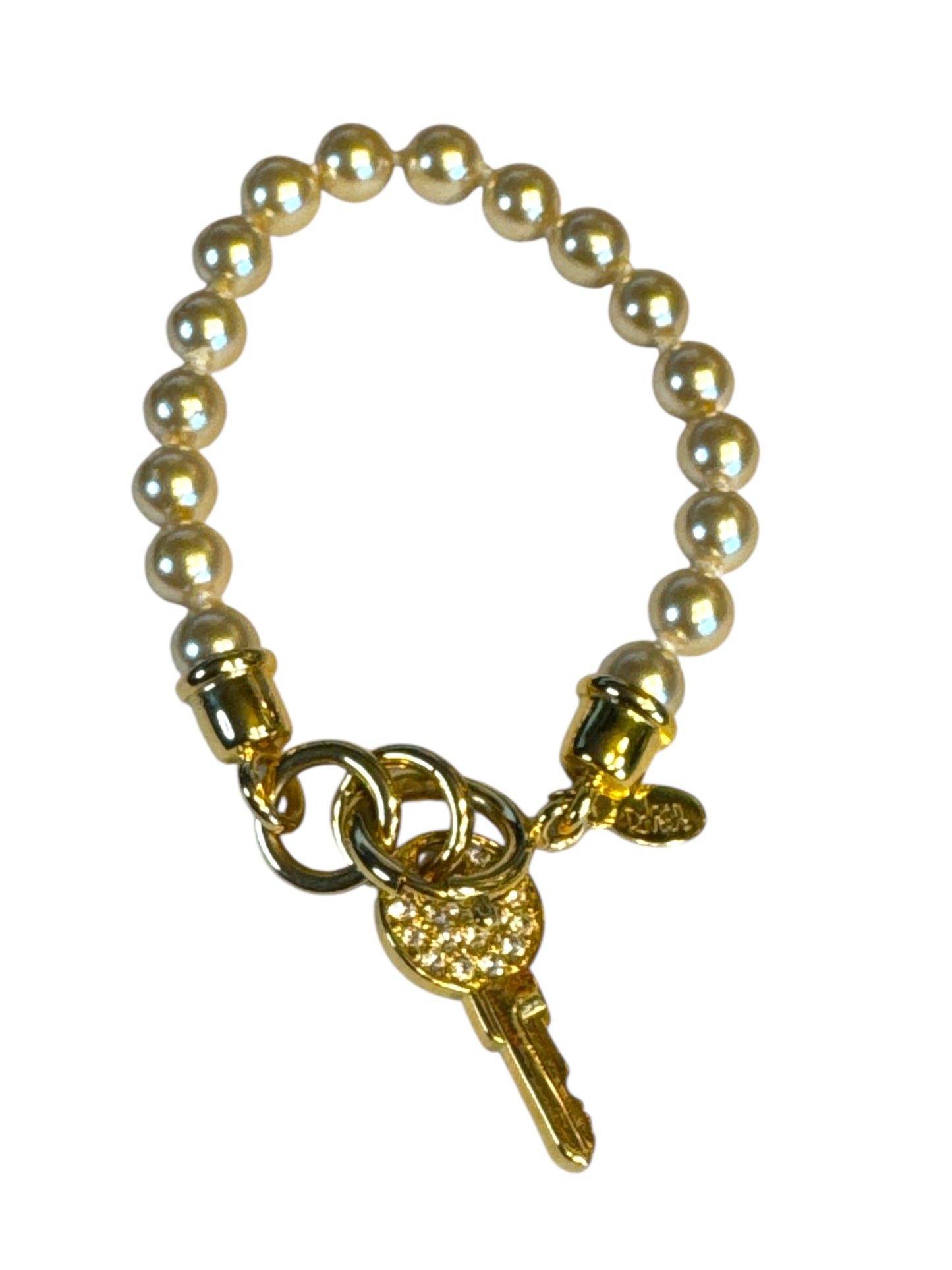 Vintage 1990s Joan Rivers Faux Pearl Charm Bracelet – Gold-Tone Rhinestone Key Pendant