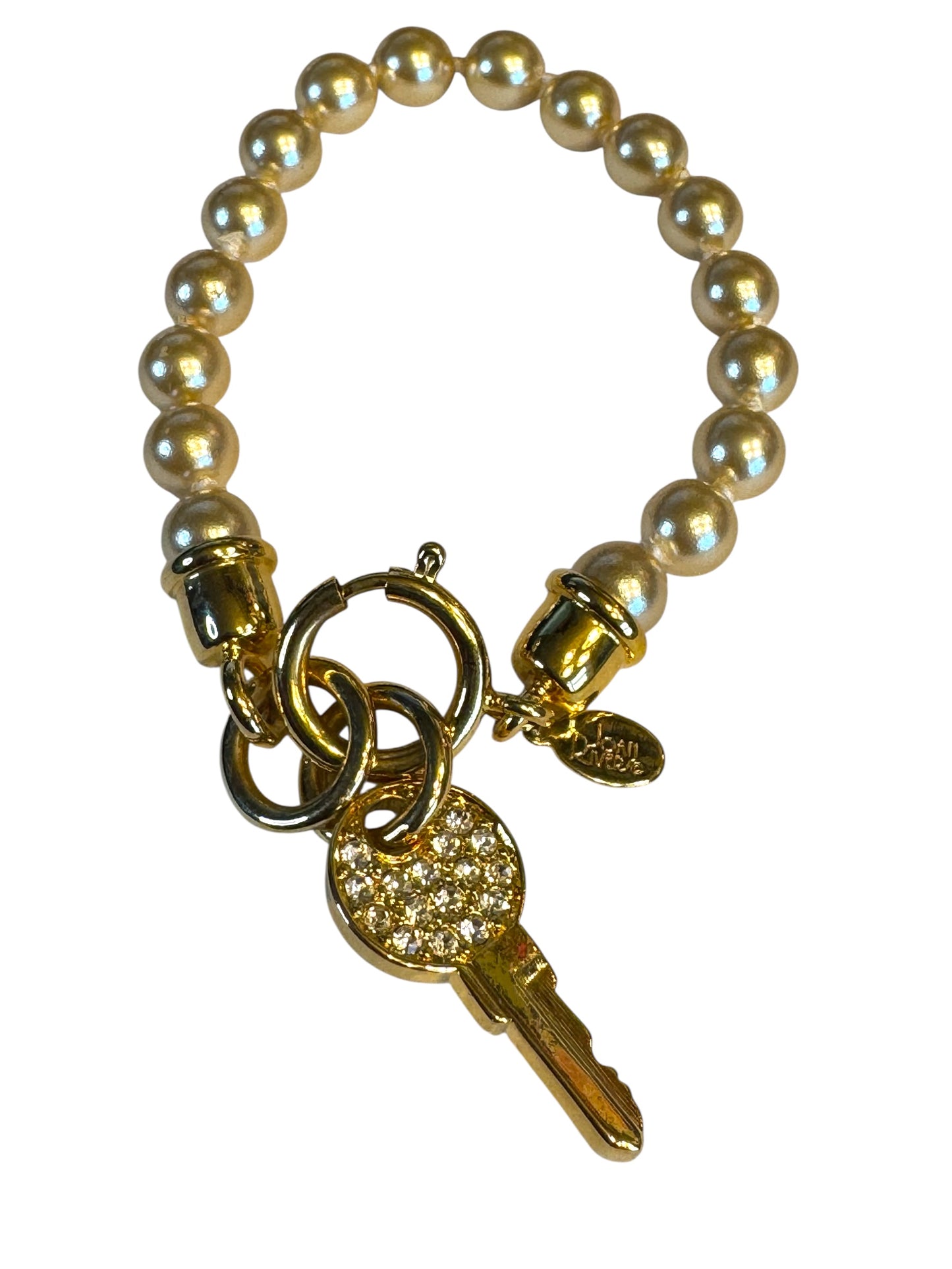 Vintage 1990s Joan Rivers Faux Pearl Charm Bracelet – Gold-Tone Rhinestone Key Pendant