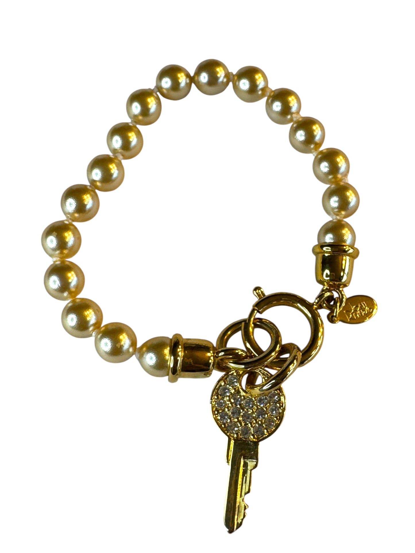 Vintage 1990s Joan Rivers Faux Pearl Charm Bracelet – Gold-Tone Rhinestone Key Pendant