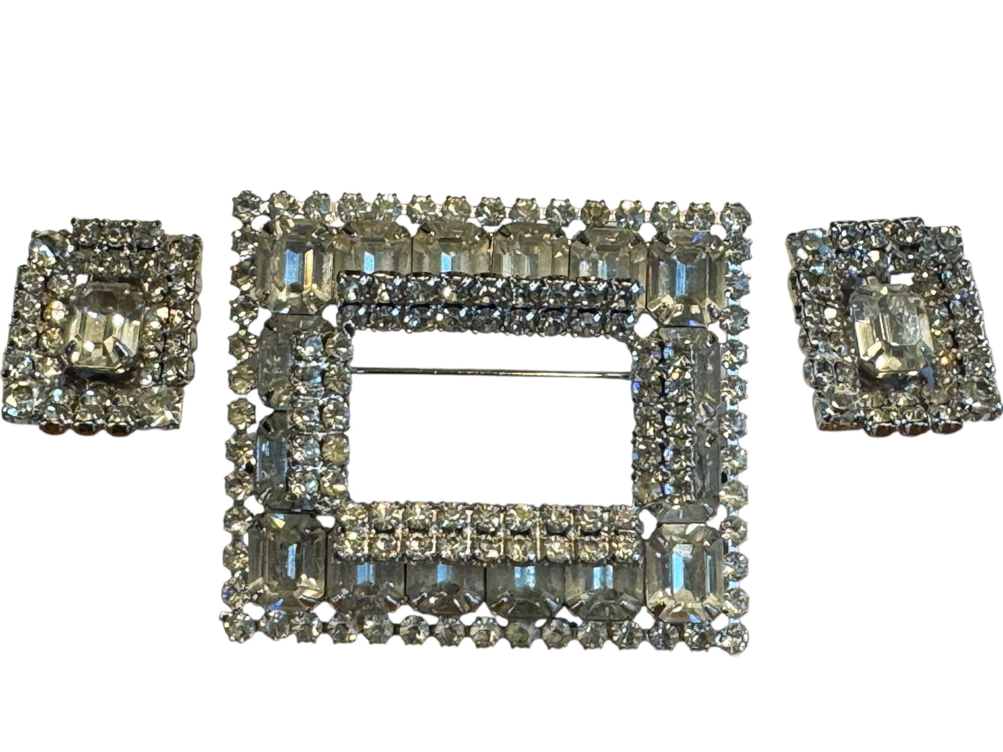 Vintage Mid-Century Rhinestone Brooch & Earrings Set – Silver-Tone Geometric Sparkle