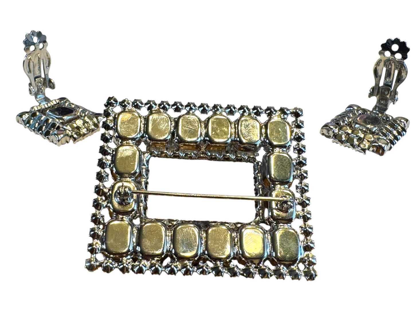 Vintage Mid-Century Rhinestone Brooch & Earrings Set – Silver-Tone Geometric Sparkle