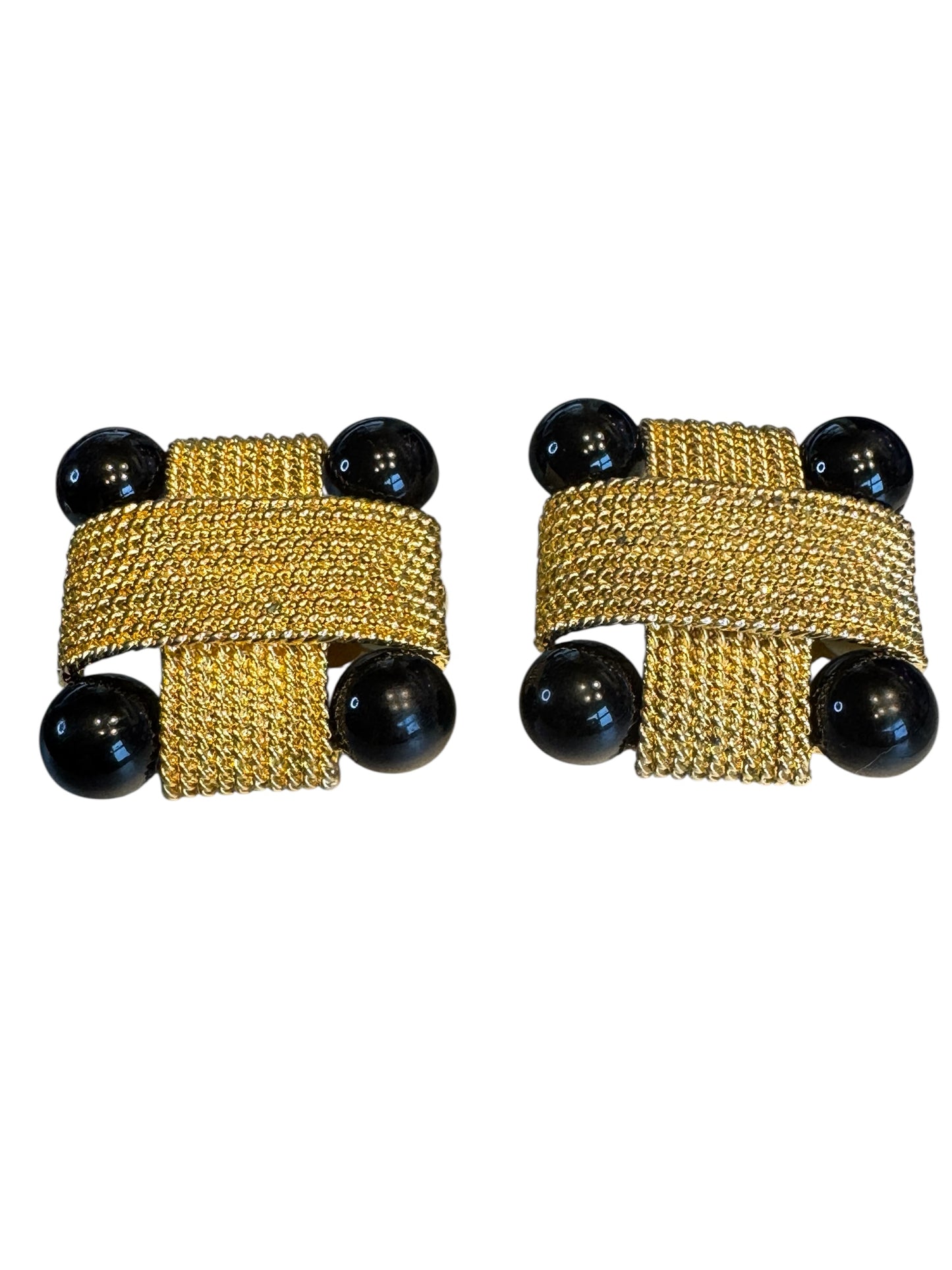Vintage 1980s Gold Mesh & Black Lucite Clip-On Earrings – Chunky Square Statement Style