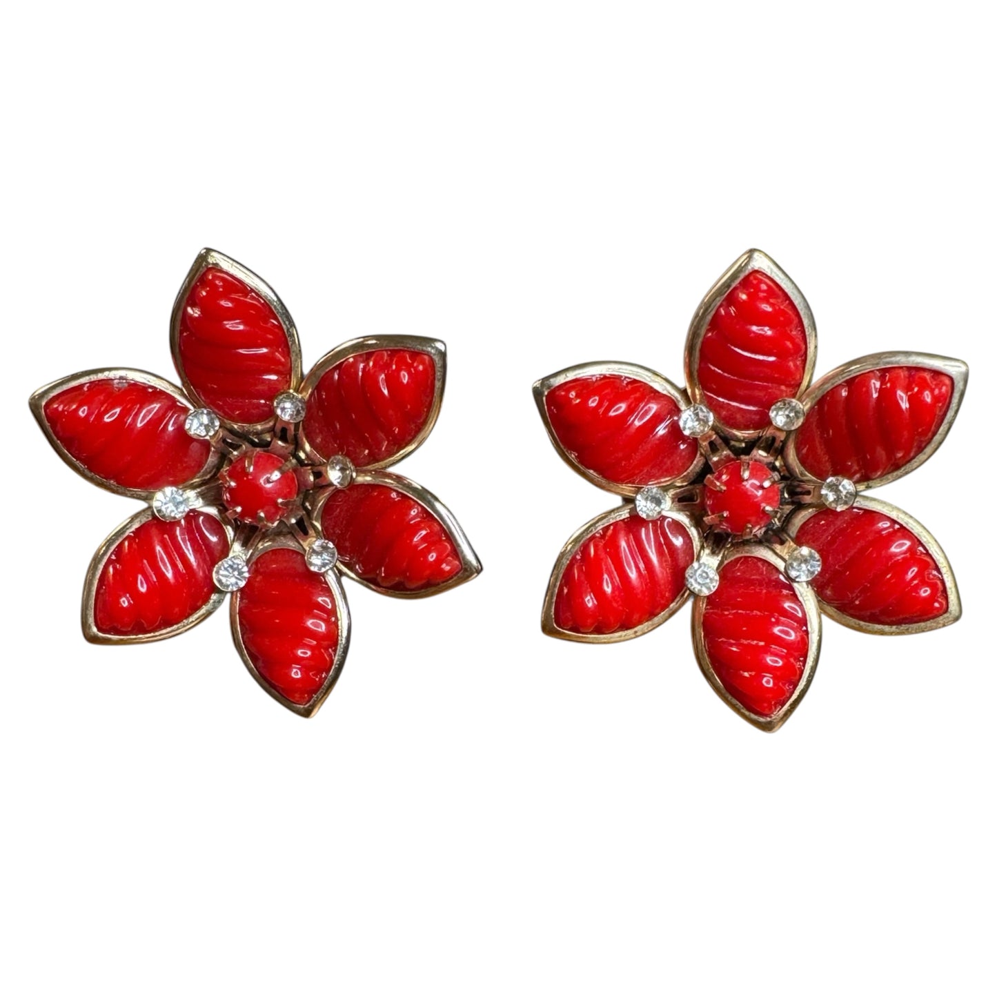 Vintage 1960s Red Lucite Flower Clip-On Earrings – Rhinestone & Gold-Tone Petal Design