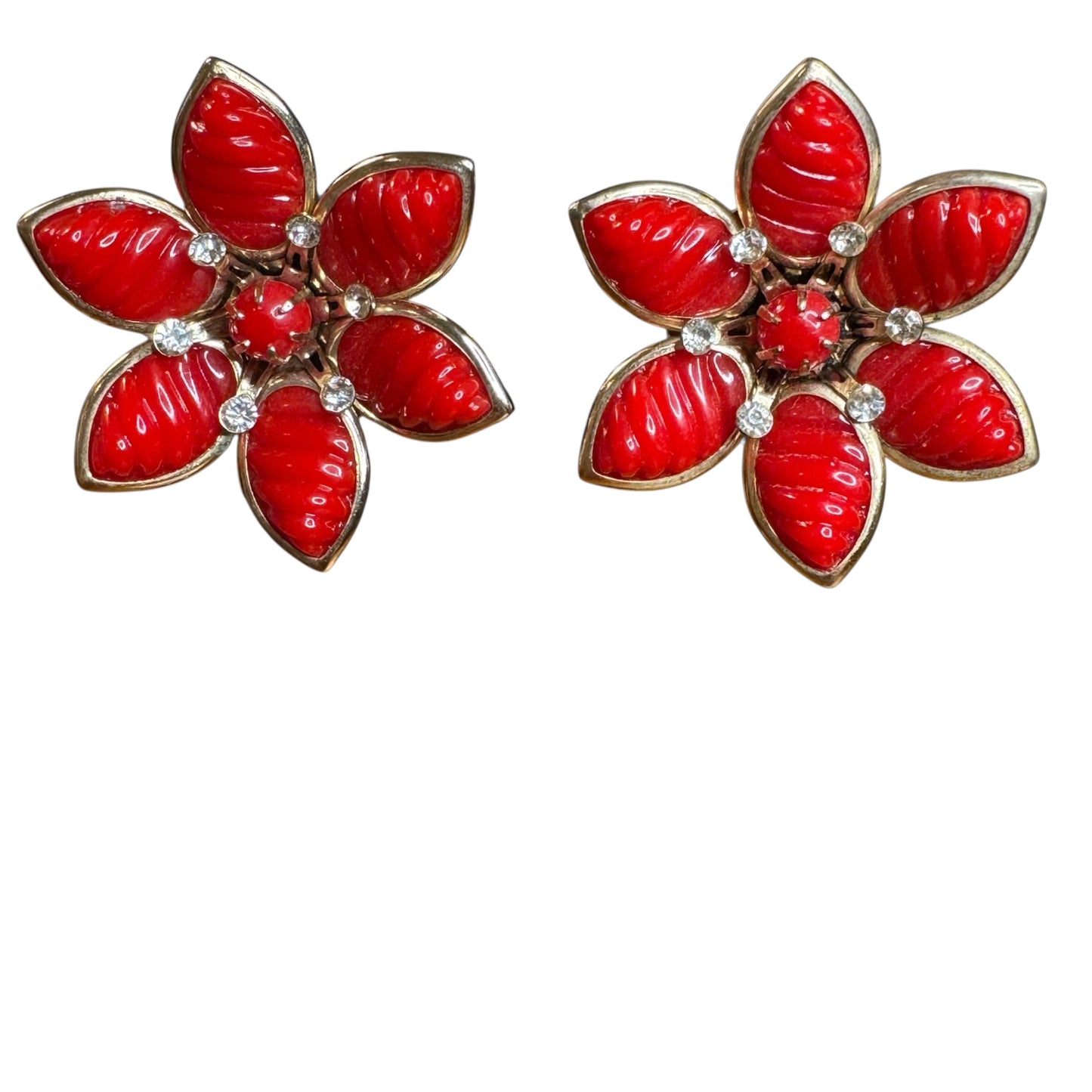 Vintage 1960s Red Lucite Flower Clip-On Earrings – Rhinestone & Gold-Tone Petal Design
