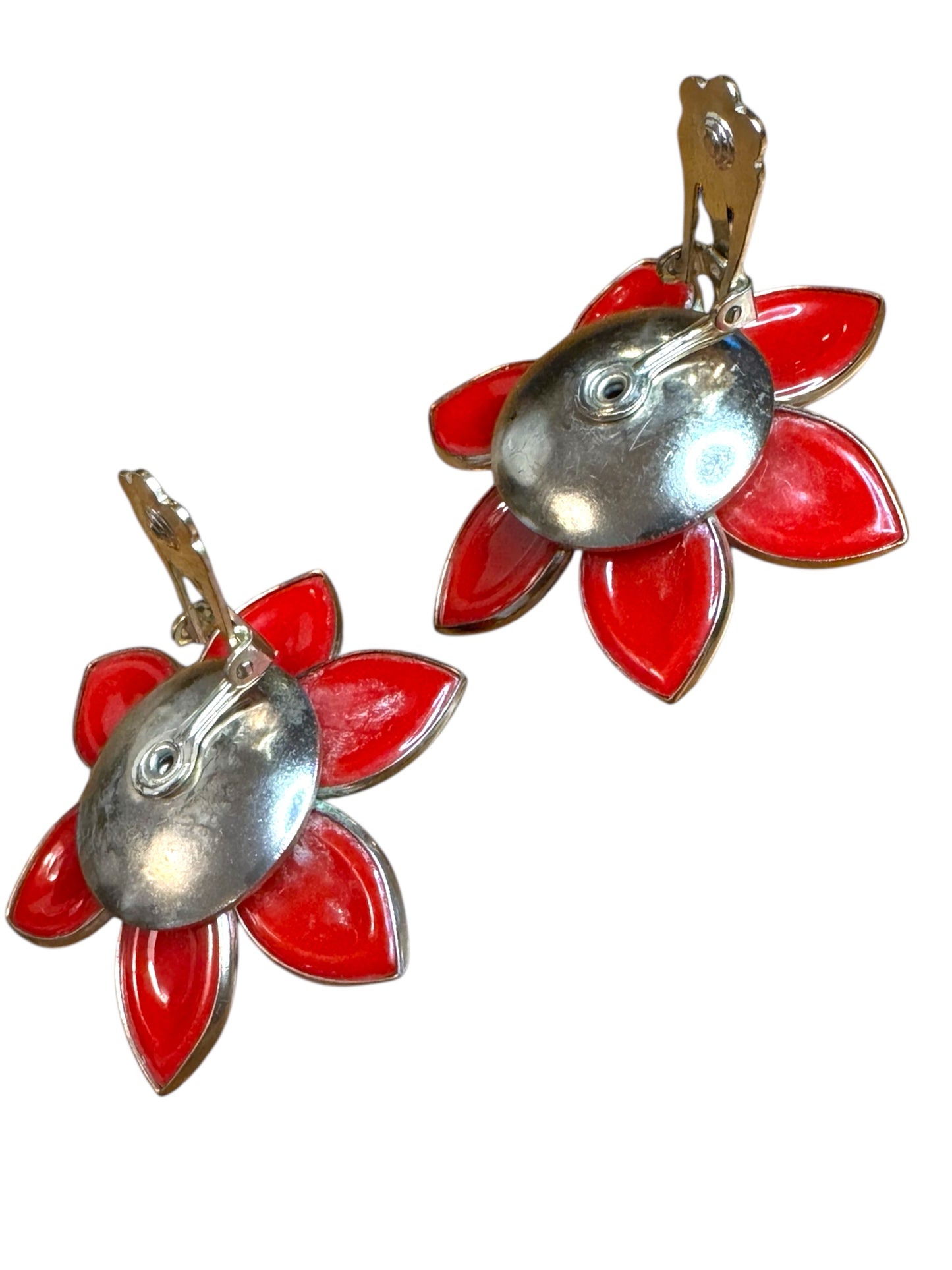 Vintage 1960s Red Lucite Flower Clip-On Earrings – Rhinestone & Gold-Tone Petal Design