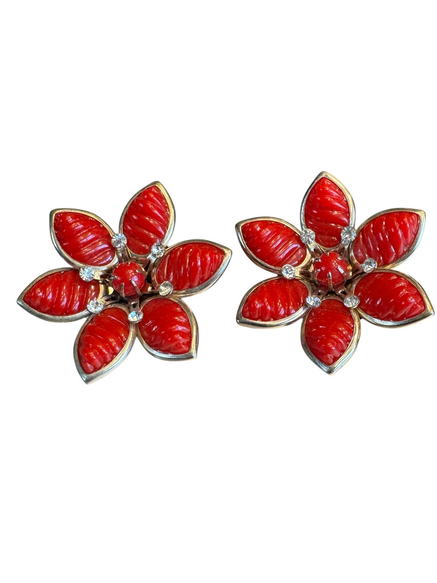 Vintage 1960s Red Lucite Flower Clip-On Earrings – Rhinestone & Gold-Tone Petal Design