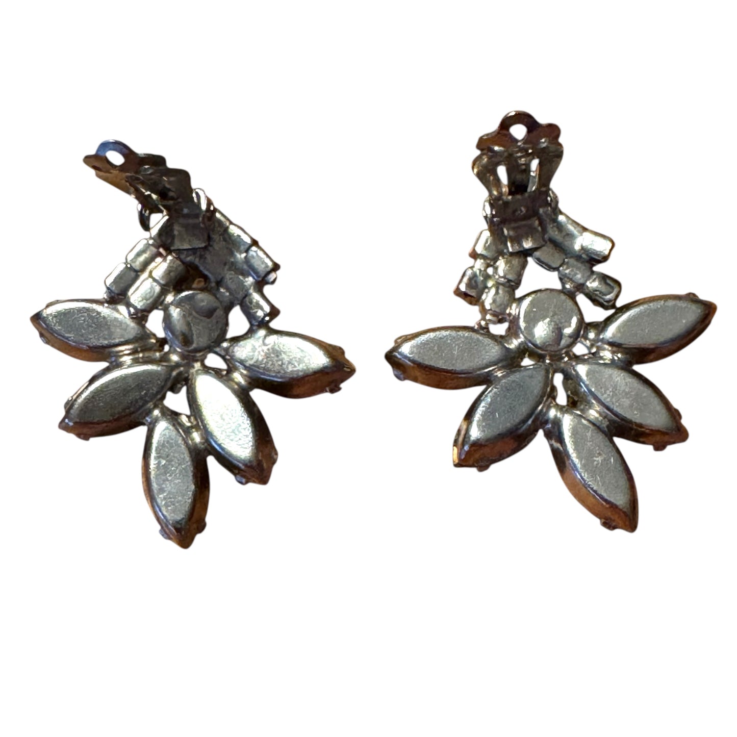 Vintage 1950s Clear Rhinestone Fan Clip-On Earrings – Navette & Round Silver-Tone Design