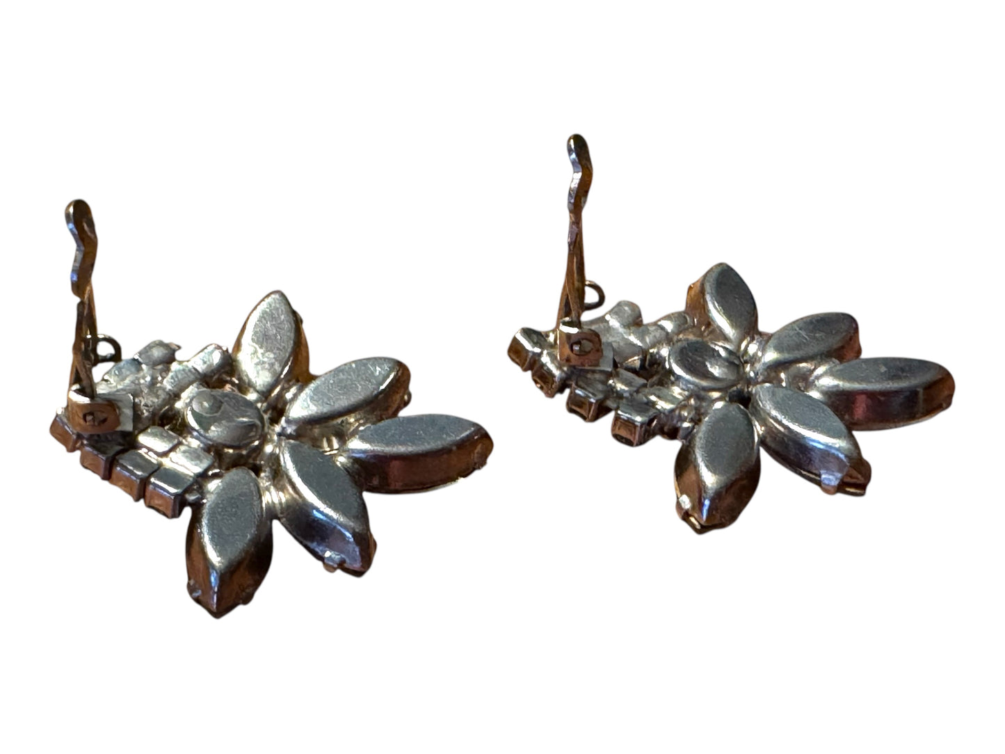 Vintage 1950s Clear Rhinestone Fan Clip-On Earrings – Navette & Round Silver-Tone Design