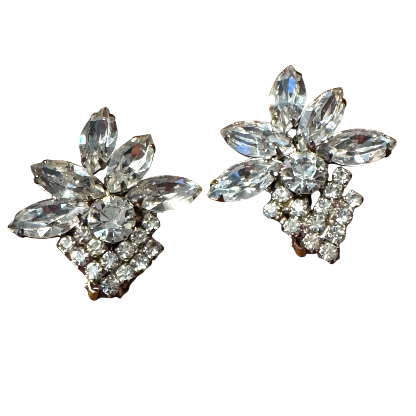 Vintage 1950s Clear Rhinestone Fan Clip-On Earrings – Navette & Round Silver-Tone Design