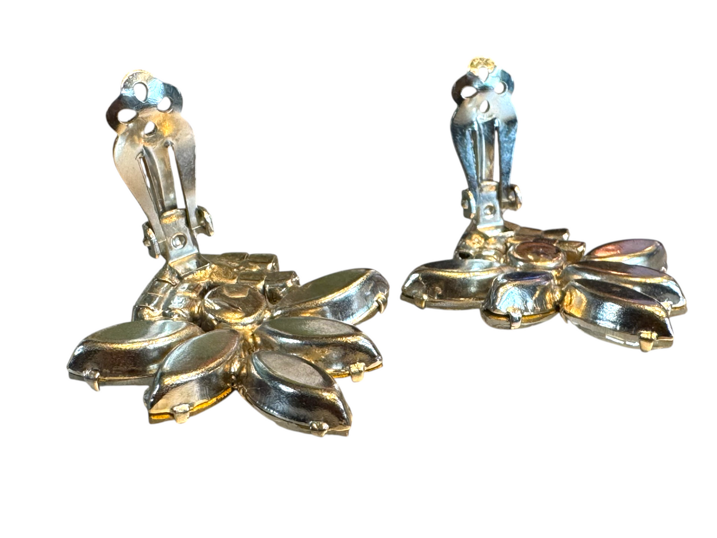 Vintage 1950s Clear Rhinestone Fan Clip-On Earrings – Navette & Round Silver-Tone Design