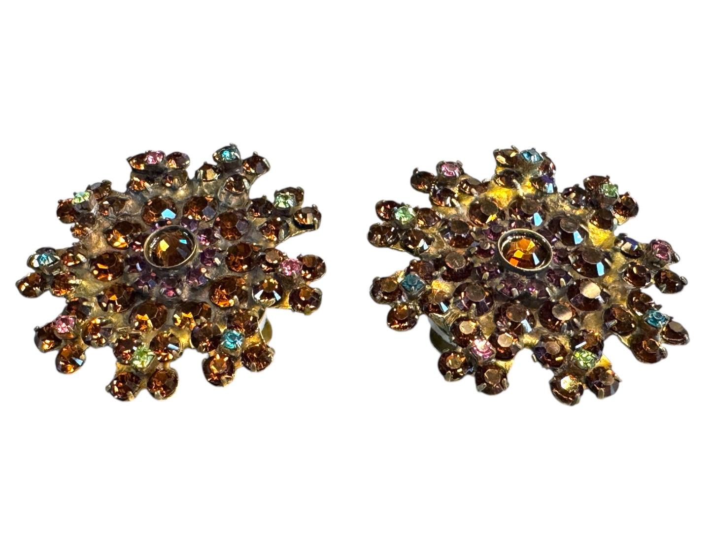 Vintage-Inspired Sorrelli Swarovski Cluster Clip-On Earrings – Multi-Tone Crystal & Brass