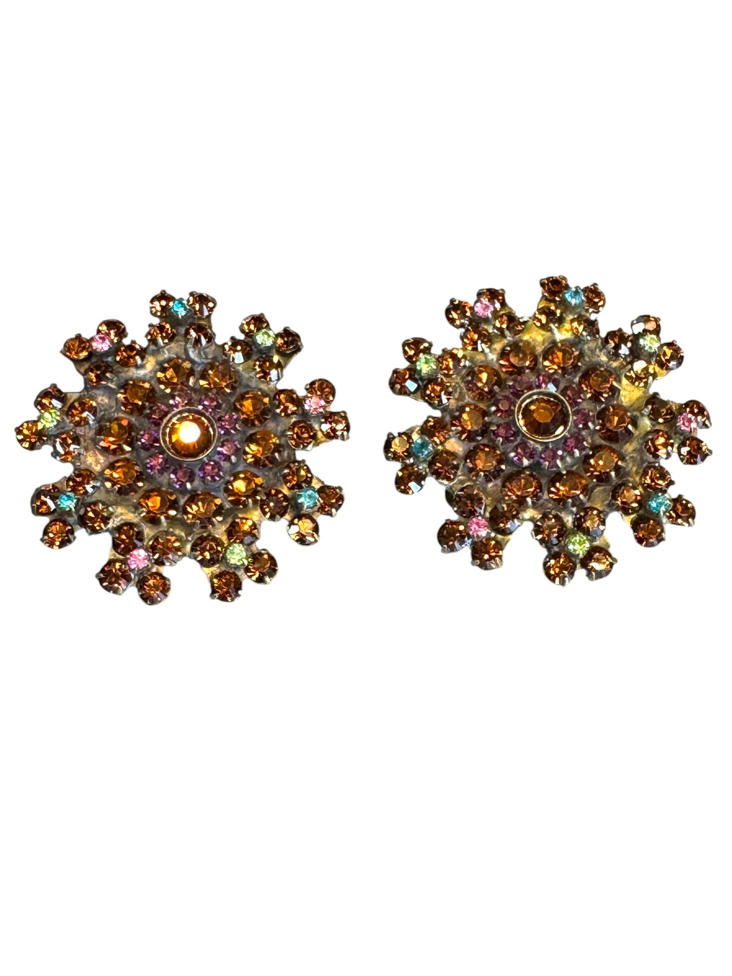 Vintage-Inspired Sorrelli Swarovski Cluster Clip-On Earrings – Multi-Tone Crystal & Brass