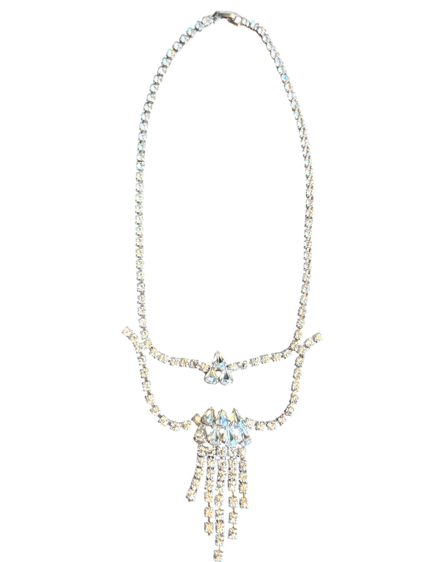 Vintage Double Layer Crystal Rhinestone Necklace – Silver-Tone Art Deco Style with Tiered Fringe Drop