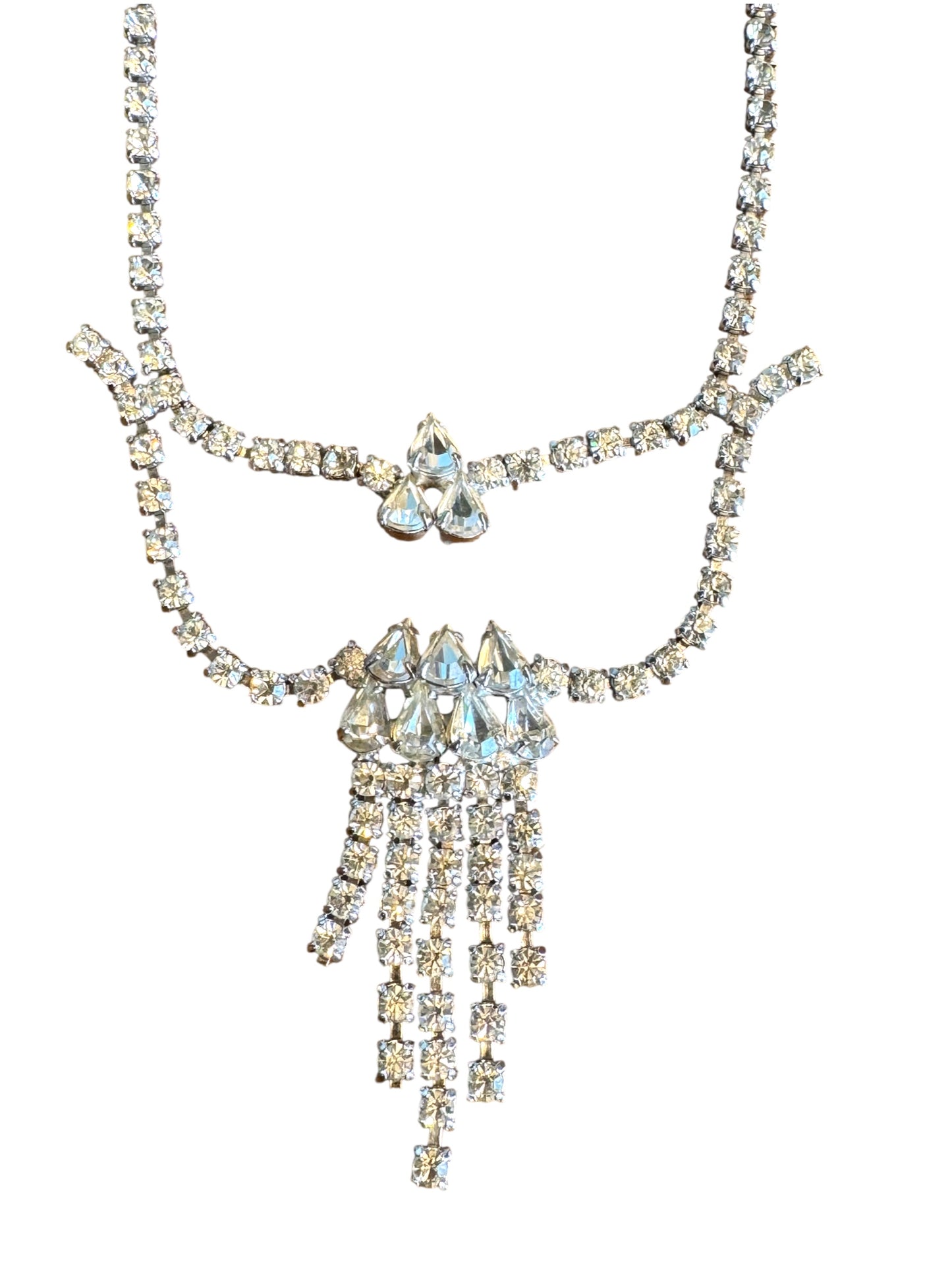Vintage Double Layer Crystal Rhinestone Necklace – Silver-Tone Art Deco Style with Tiered Fringe Drop