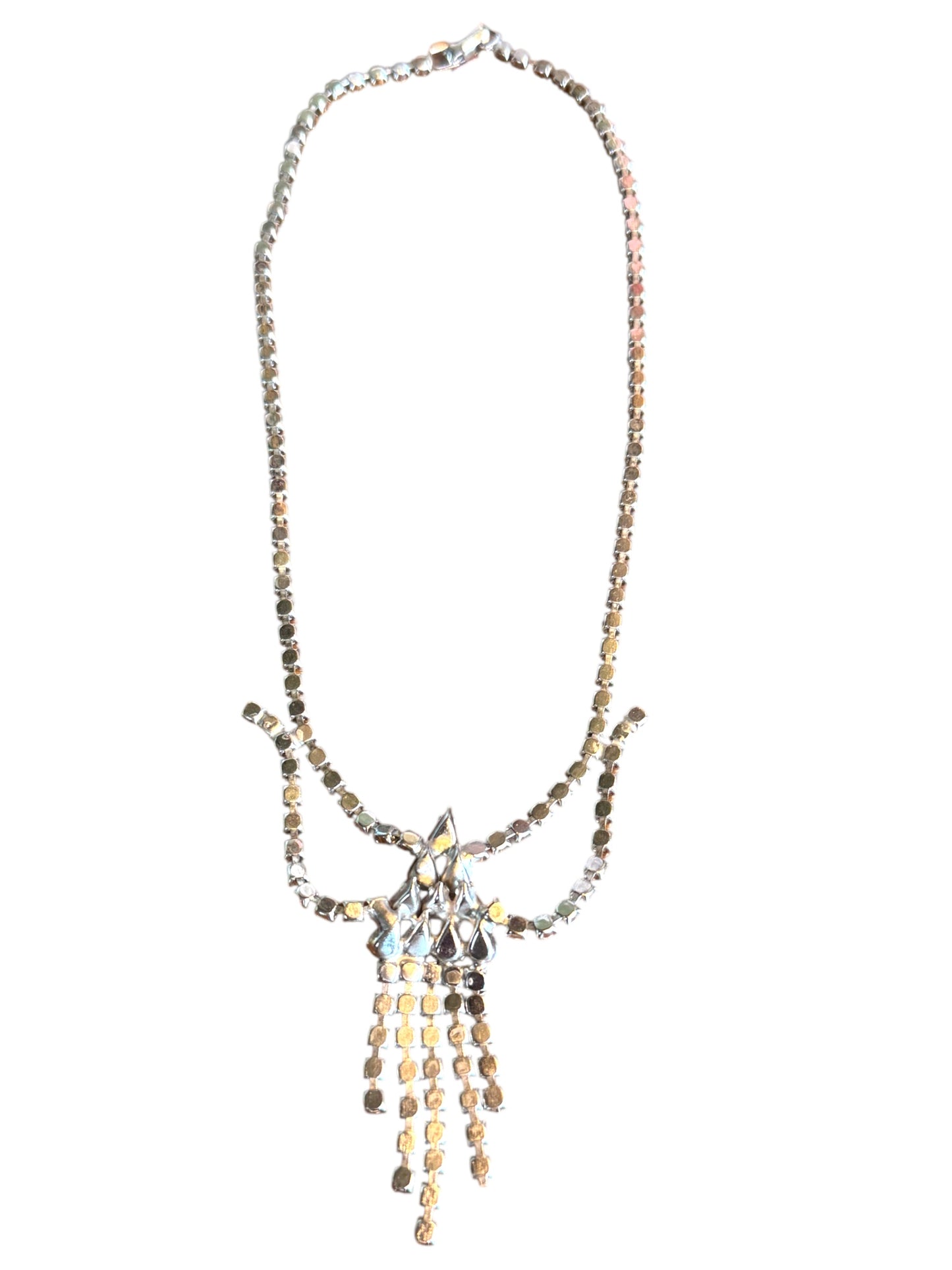 Vintage Double Layer Crystal Rhinestone Necklace – Silver-Tone Art Deco Style with Tiered Fringe Drop