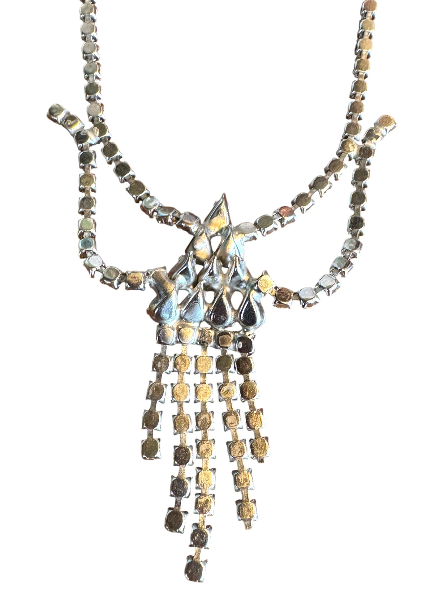Vintage Double Layer Crystal Rhinestone Necklace – Silver-Tone Art Deco Style with Tiered Fringe Drop