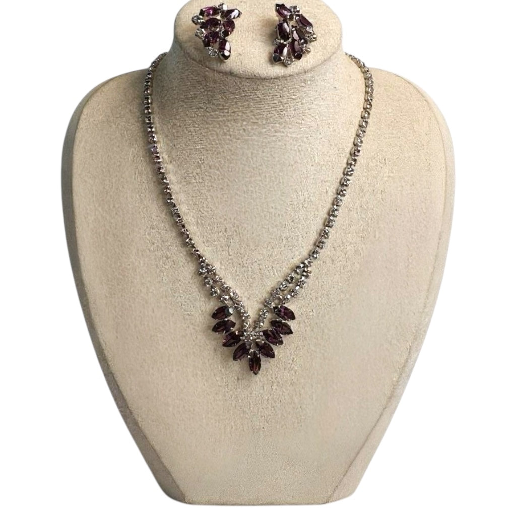 Vintage B. David Necklace & Earrings Set – Amethyst Marquise Rhinestones & Clear Crystals