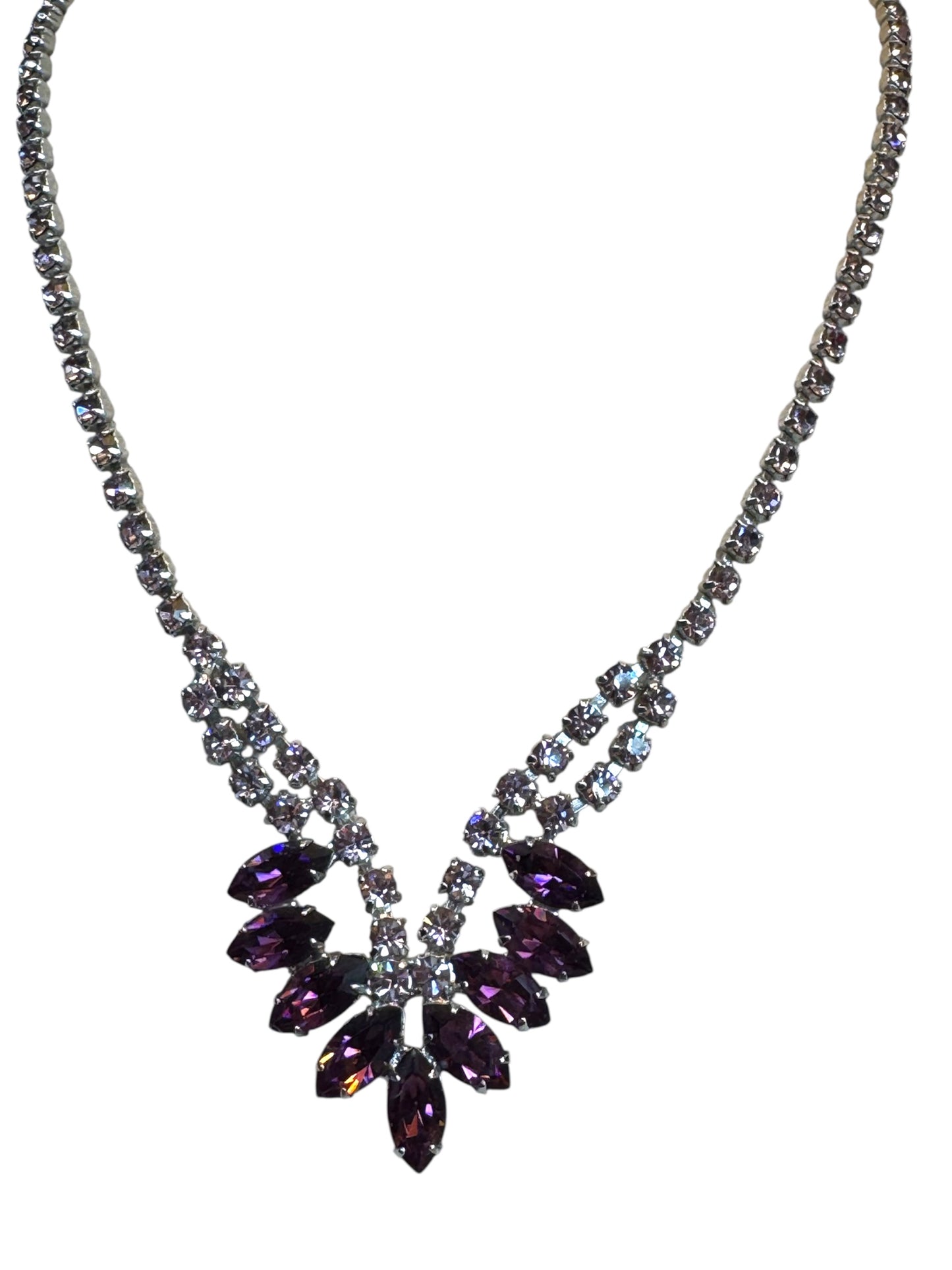 Vintage B. David Necklace & Earrings Set – Amethyst Marquise Rhinestones & Clear Crystals