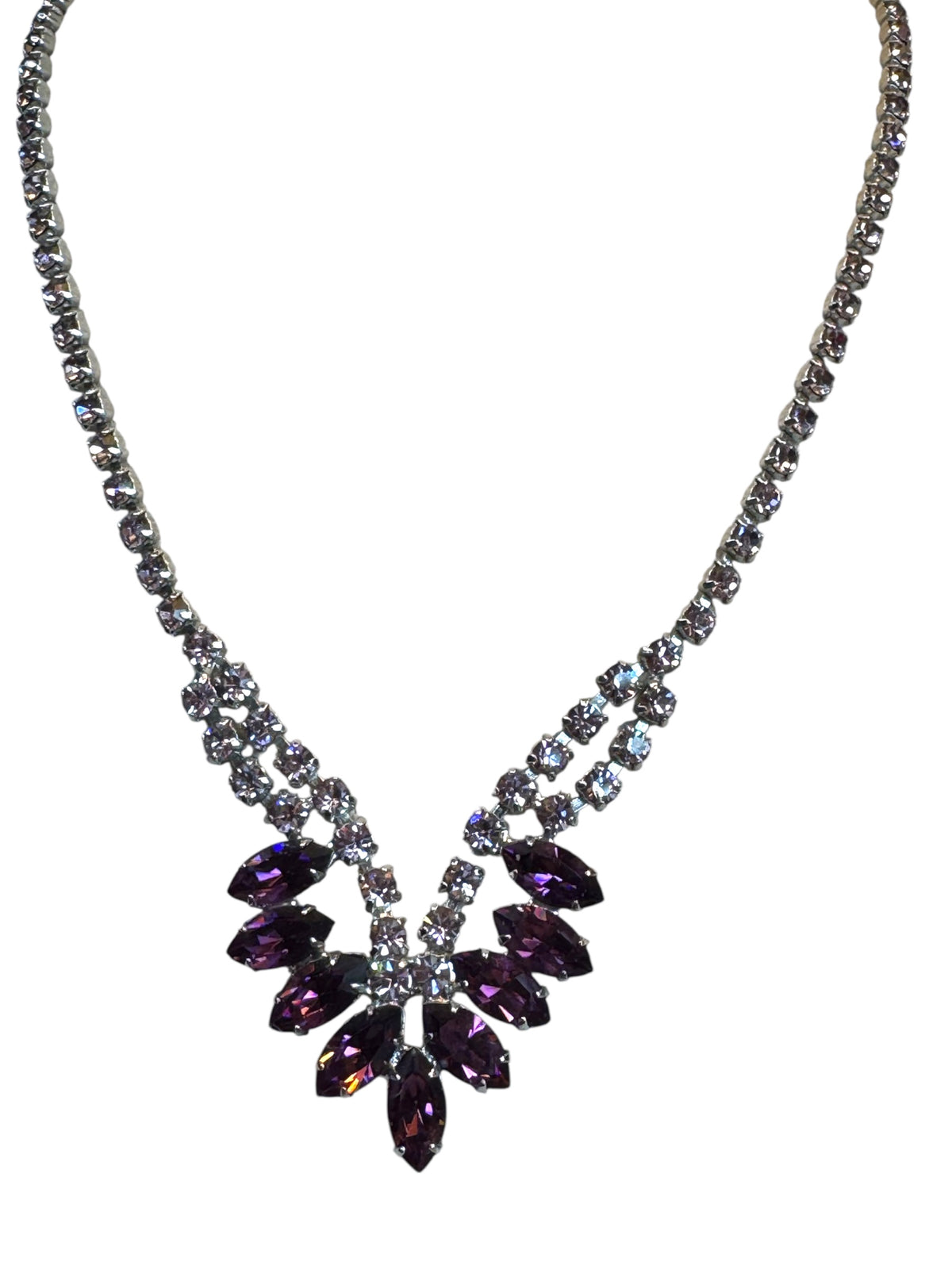 Vintage 1950s B. David Amethyst & Pale Lavender Rhinestone Parure – Rhodium-Plated Necklace & Earring Set – Signed Mid-Century Couture Jewelry