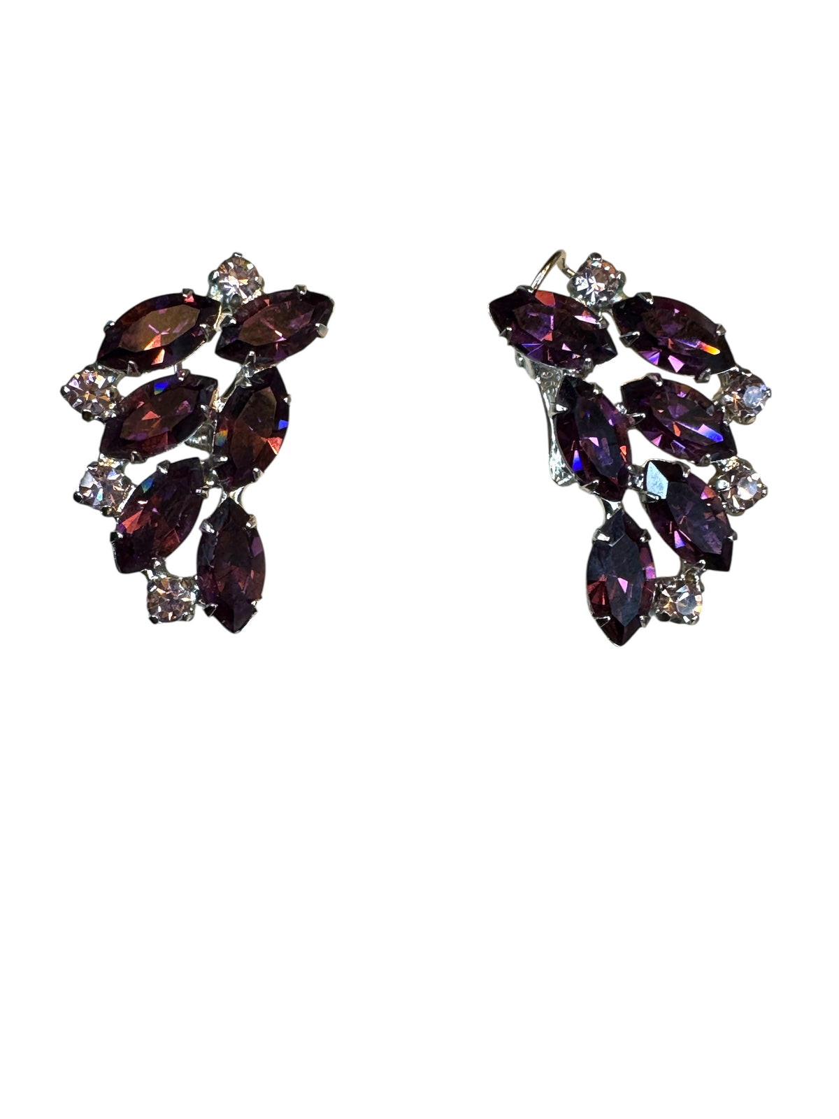 Vintage 1950s B. David Amethyst & Pale Lavender Rhinestone Parure – Rhodium-Plated Necklace & Earring Set – Signed Mid-Century Couture Jewelry
