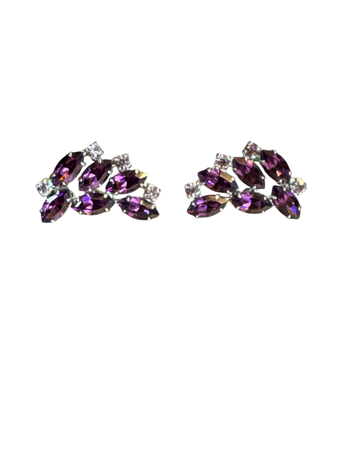 Vintage 1950s B. David Amethyst & Pale Lavender Rhinestone Parure – Rhodium-Plated Necklace & Earring Set – Signed Mid-Century Couture Jewelry