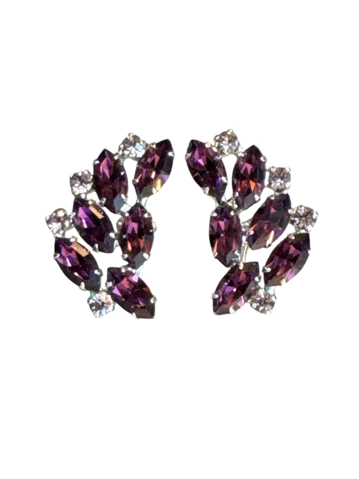 Vintage 1950s B. David Amethyst & Pale Lavender Rhinestone Parure – Rhodium-Plated Necklace & Earring Set – Signed Mid-Century Couture Jewelry