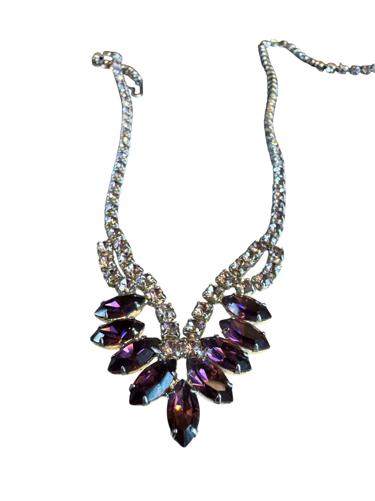 Vintage 1950s B. David Amethyst & Pale Lavender Rhinestone Parure – Rhodium-Plated Necklace & Earring Set – Signed Mid-Century Couture Jewelry