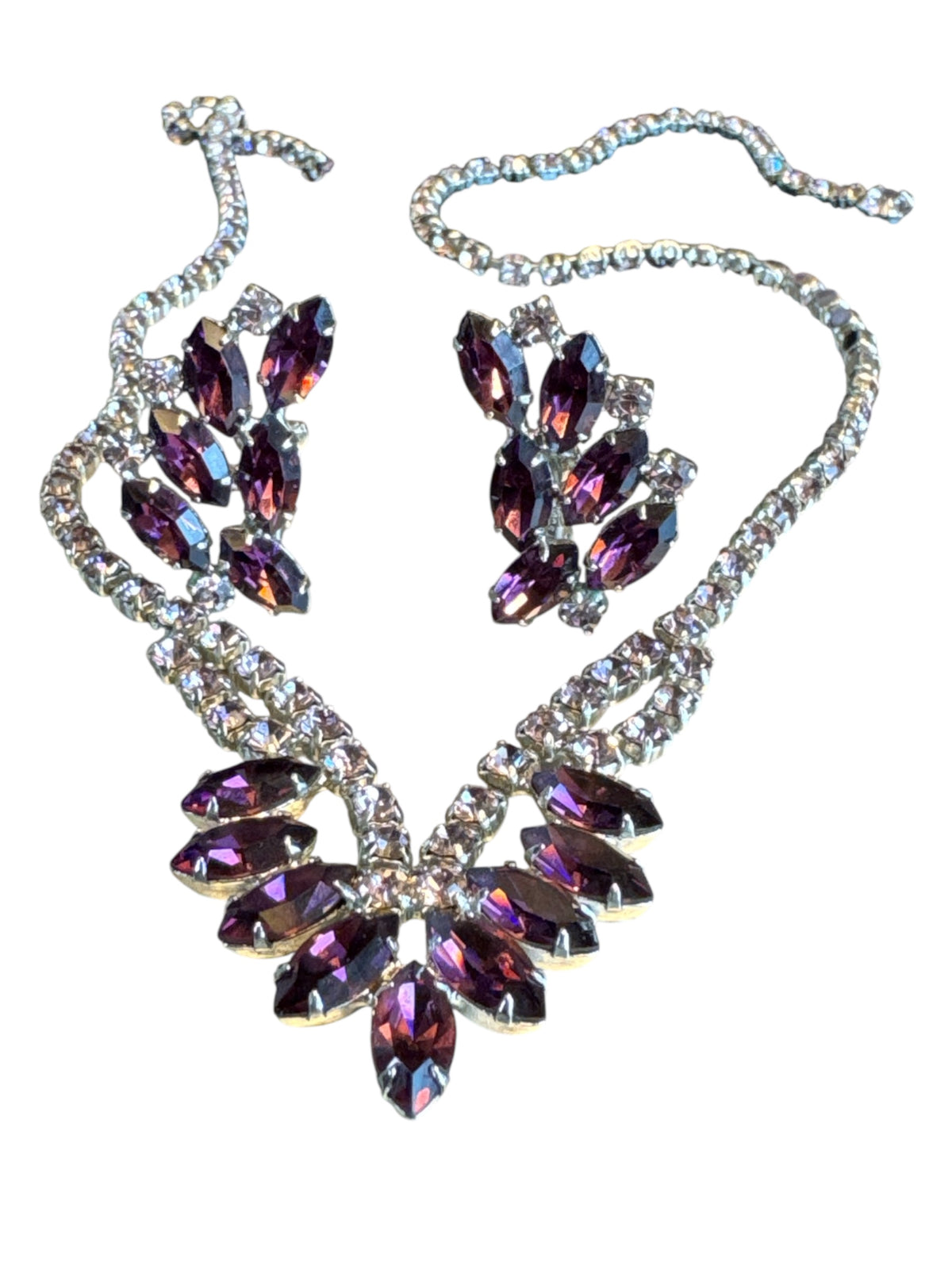 Vintage 1950s B. David Amethyst & Pale Lavender Rhinestone Parure – Rhodium-Plated Necklace & Earring Set – Signed Mid-Century Couture Jewelry