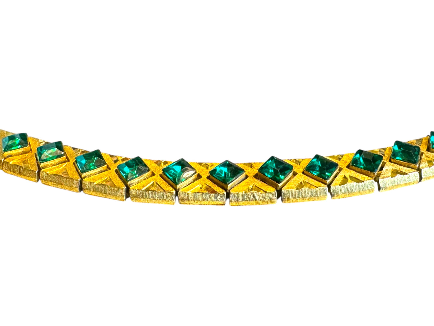 Vintage Czech-Style Articulated Bracelet – Brushed Gold with Emerald Green Glass Stones
