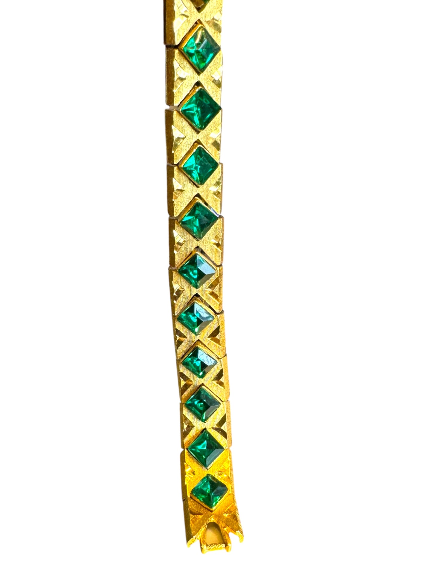 Vintage Czech-Style Articulated Bracelet – Brushed Gold with Emerald Green Glass Stones