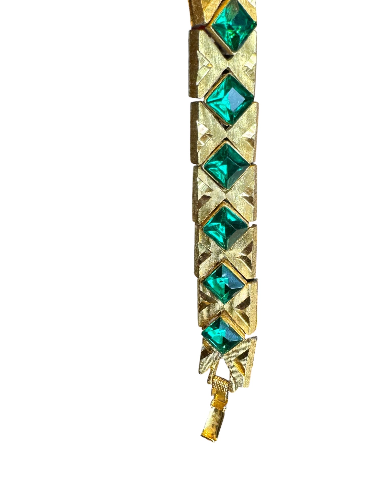 Vintage Czech-Style Articulated Bracelet – Brushed Gold with Emerald Green Glass Stones