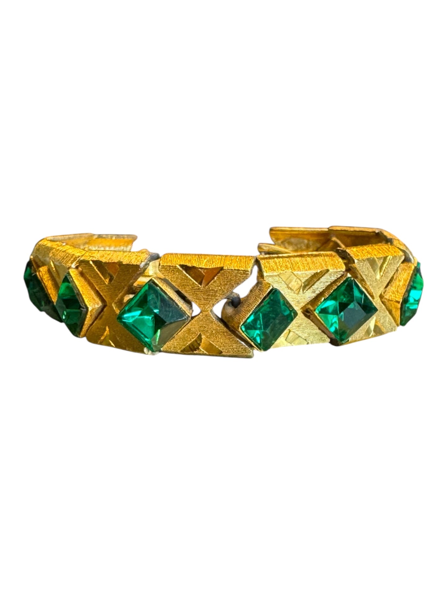Vintage Czech-Style Articulated Bracelet – Brushed Gold with Emerald Green Glass Stones