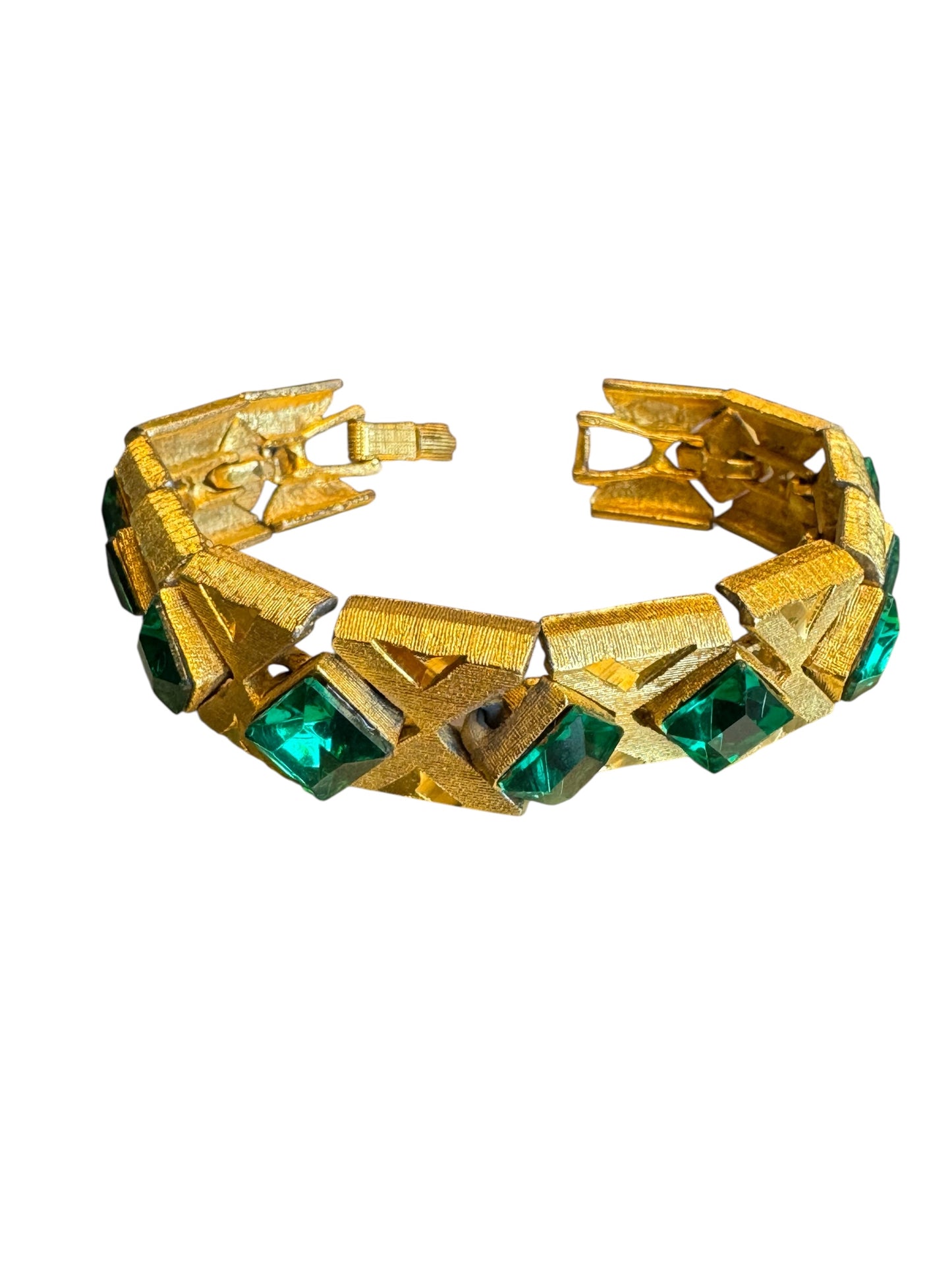 Vintage Czech-Style Articulated Bracelet – Brushed Gold with Emerald Green Glass Stones