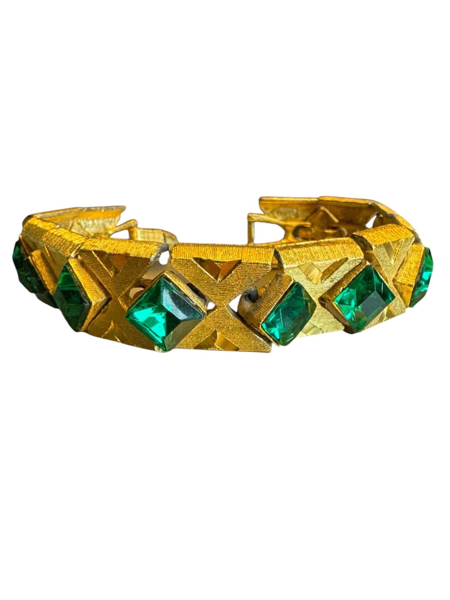 Vintage Czech-Style Articulated Bracelet – Brushed Gold with Emerald Green Glass Stones